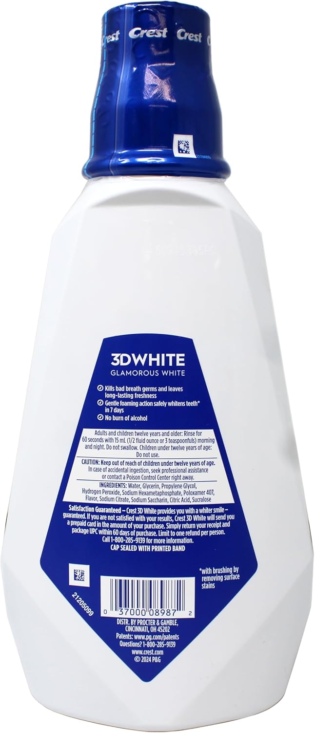 Crest 3D White Glamorous White Mouthwash, Alcohol Free Multi-Care Whitening Mouthwash, Arctic Mint, 32 fl oz (946 mL)