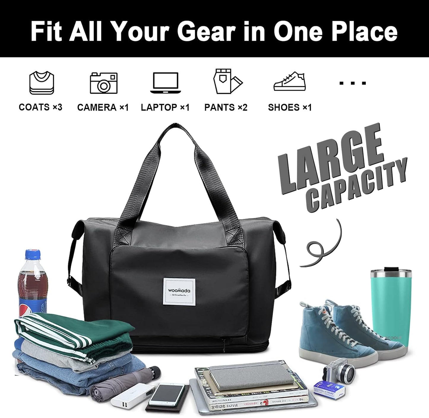 WOOMADA Foldable Travel Duffel, Weekender & Carry-On Bag with Expandable Space BST326H