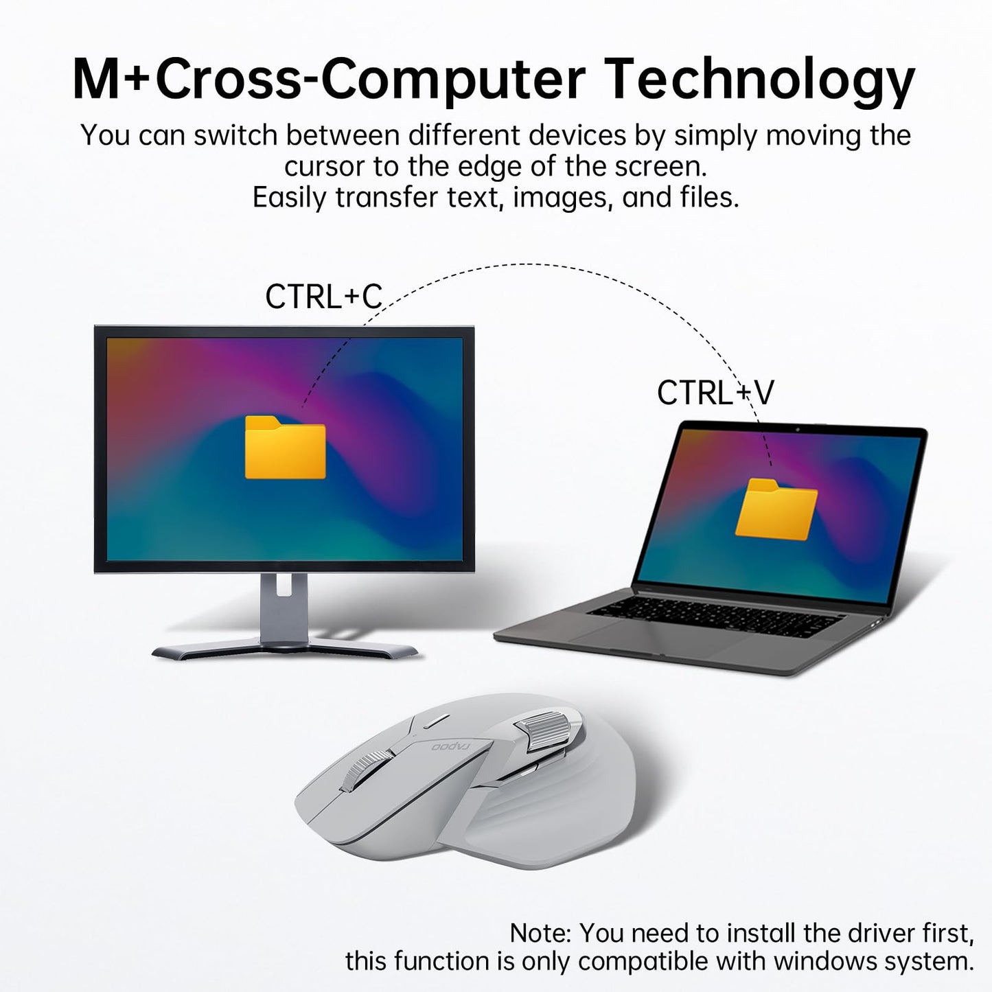 Rapoo MT760 Multi-Device Wireless Mouse, Bluetooth 5.0 and 2.4G Multi-Mode Connection, Up to 4 Devices, 11 Programmable Buttons, 4K DPI, 90 Days Battery Life, PC, Light Grey