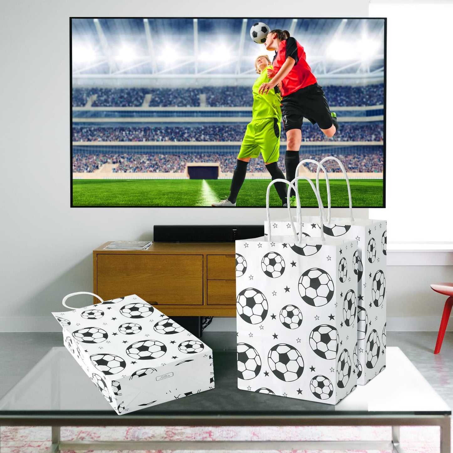 16pcs Soccer Party Favor Paper Bags - Green Football Gift Bags with Handles for Kids & Adults Team Soccer Party Goodie Snacks Treat Supplies WN420