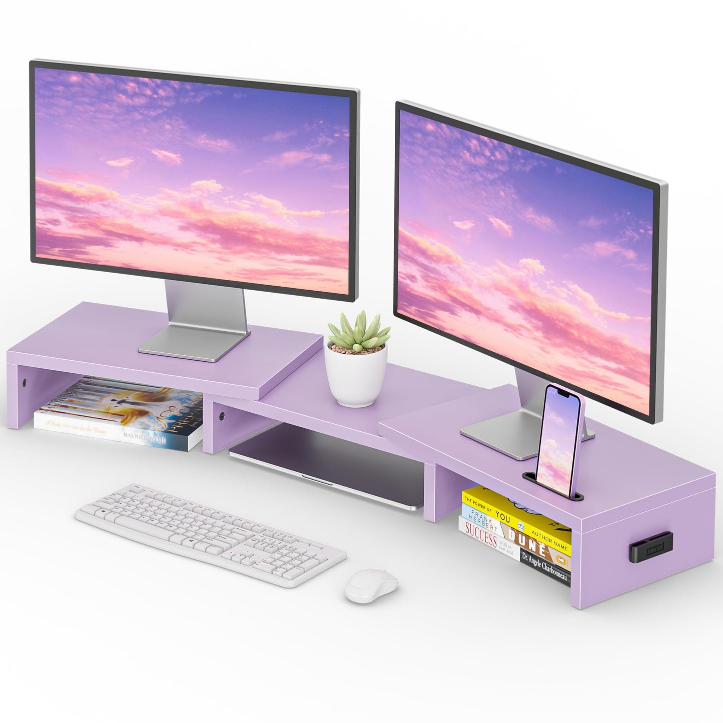 BONTEC Dual Monitor Stand Riser, Adjustable Length & Swivel Angle, Pink | Ergonomic Wooden Desktop Organizer with Smartphone Holder, Computer Monitor Stand for PC, Laptop, Printer and Large Storage BST202
