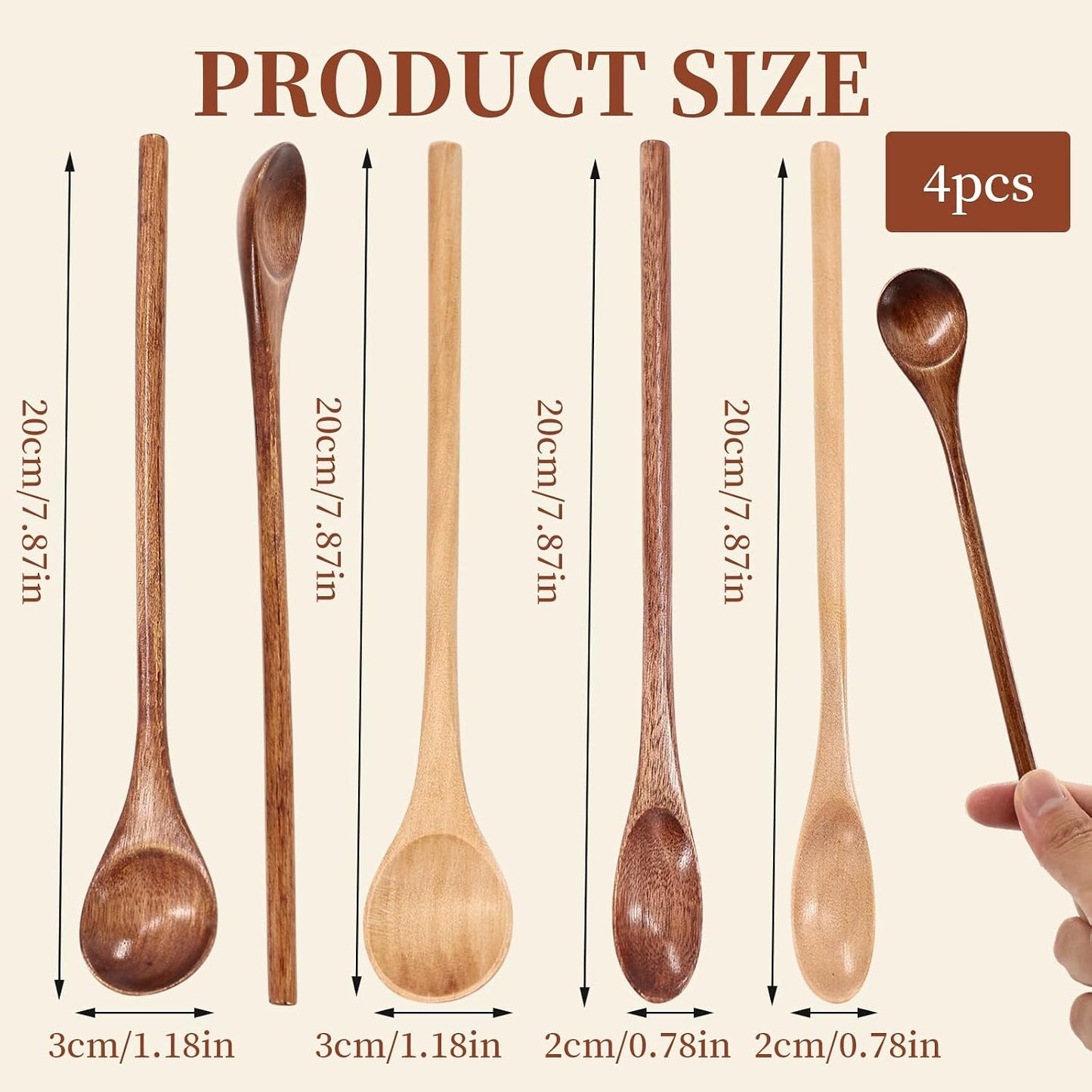 4 Pcs Long Wooden Spoons, Wooden Honey Spoon, 7.9 Inch Wood Mixing Spoons for Eating, Japanese Style Kitchen Utensil, Applies to Kitchen Bar Restaurant BST202