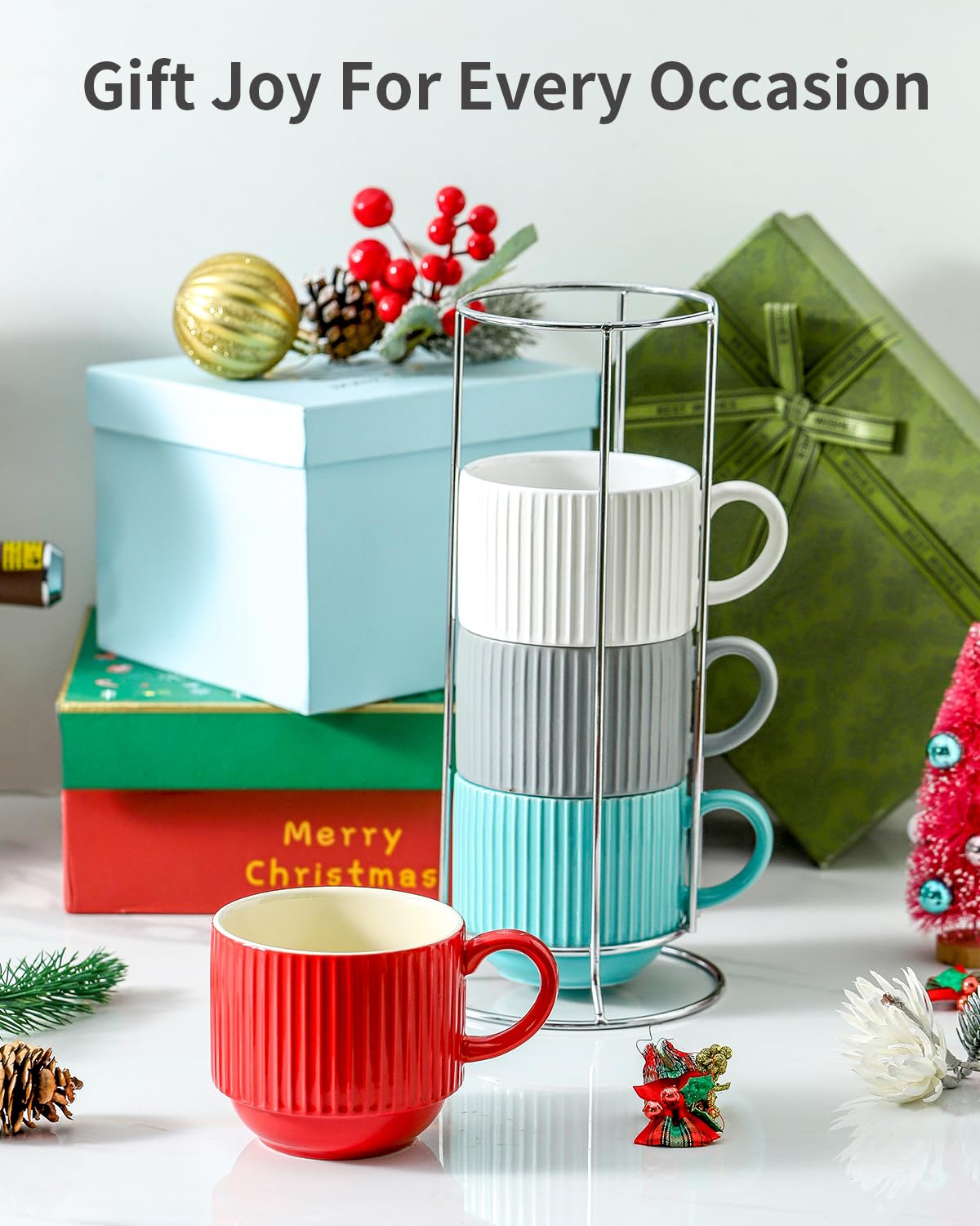 HASENSE 15 oz Ribbed Stackable Coffee Mug Set of 4, Porcelain Latte Cups with Metal Rack, Dishwasher & Microwave Safe, Cappuccino Tea Hot Cocoa, White BST220