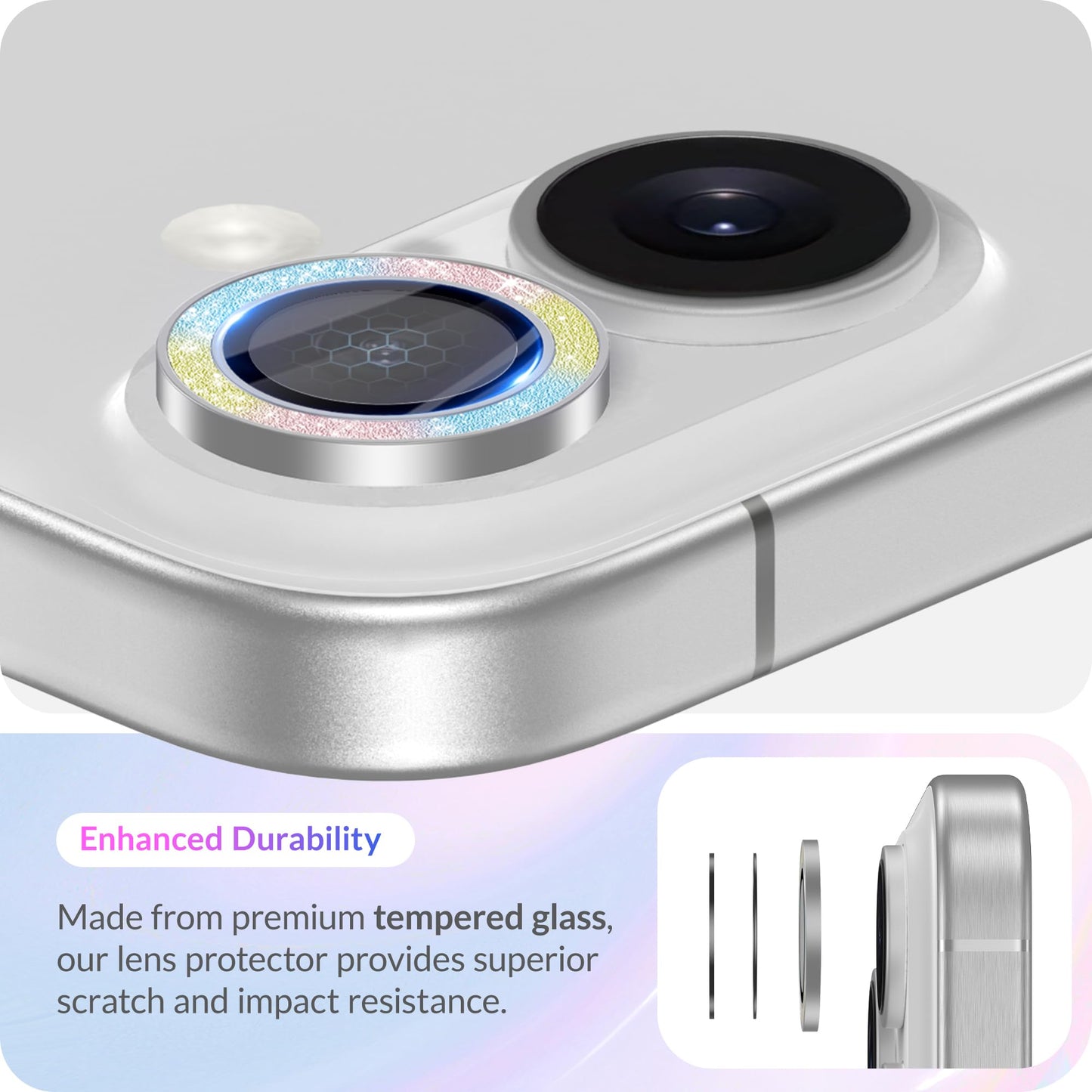 LONLI - for iPhone 16 Pro | 16 Pro Max - Triple Individual Camera Lens Protector - Rainbow Holographic Glitter WN420