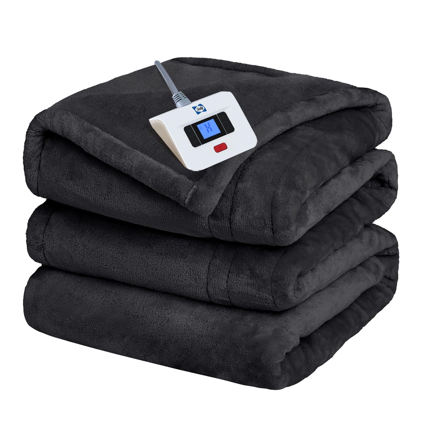 Sealy Heated Electric Blanket Queen Size, Flannel Electric Blanket with 10 Heating Levels & 1-12 Hours Auto Shut Off, Fast Heating Warming Blanket, Machine Washable, Grey, 84 x 90 Inch