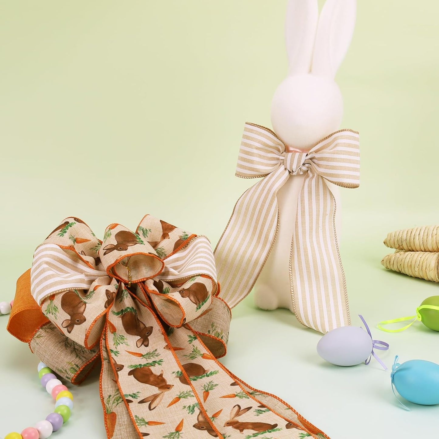 LaRibbons Easter Ribbon Wired 4 Rolls 2.5 Inch x 24 Yards TTL, Orange Carrot Bunny Ribbons for Baskets, Striped Wide Easter Ribbon for Crafts Spring Wreath Gift Wrapping Bow Decoration BST326H