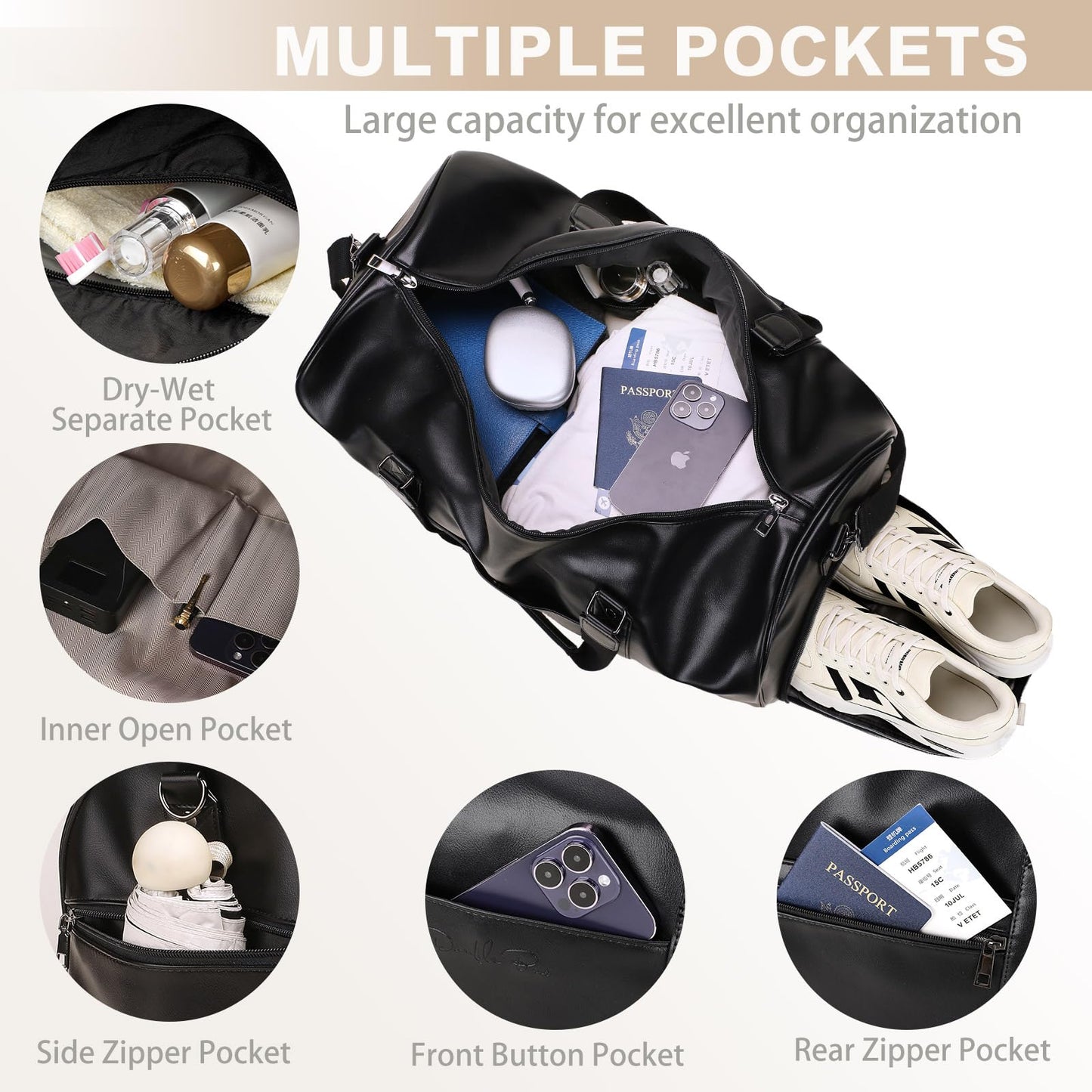 Large 4-in-1 Leather Duffle Bag for Travel Weekender Overnight Hospital Gym Bag for Men & Women, Carry On Airline Approved Personal Item Duffel Garment Bag Luggage with Shoe Compartment & Toiletry Bag BST326H