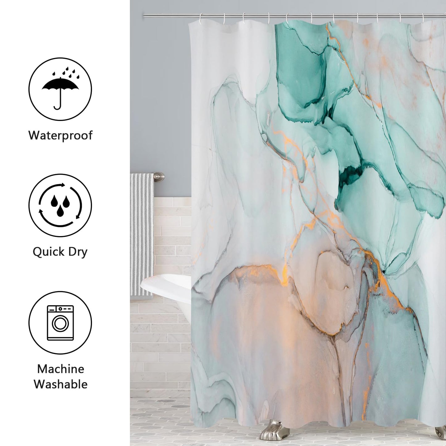 Gibelle 4 Pcs Bathroom Shower Curtain Set with Non-Slip Rugs, Toilet Lid Cover and Bath Mat, Grey Blue Marble Bathroom Decor Set with Shower Curtain and Rugs and Accessories BST326H