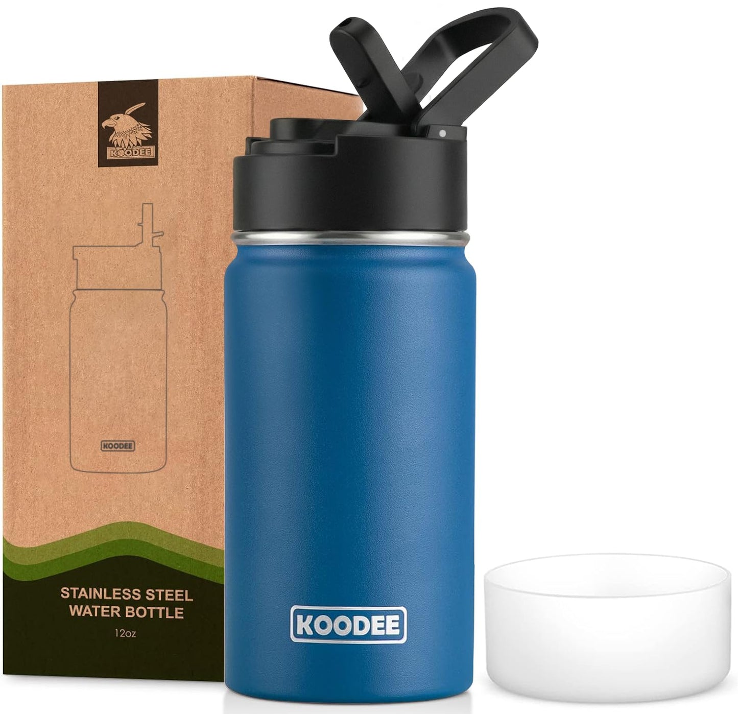 koodee Water Bottle-12 oz Stainless Steel Double Wall Vacuum Insulated Water Bottle for School-Wide Mouth Flask with Straw Lid (Teal) BST220
