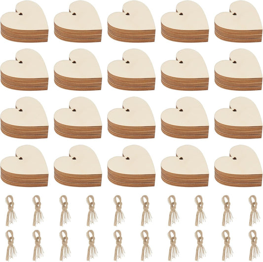 LEXININ 200 PCS 2.75 Inch Wooden Hearts Slices with Hole, 7cm Wooden Heart Tags with Hemp Rope, Blank Wood Hearts Pieces for Crafts DIY Decoration BST326H