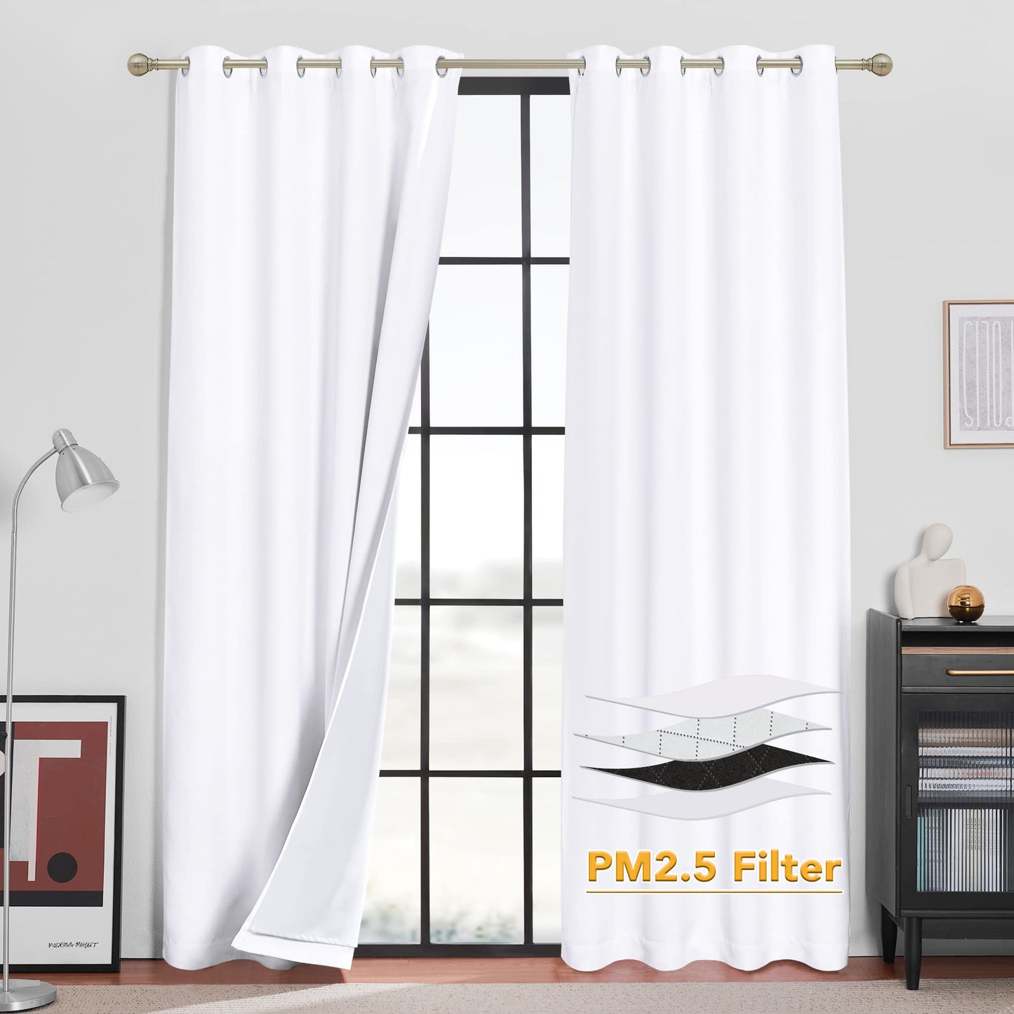 RYB HOME 4-in-1 Dust Filtering Soundproof Blackout Insulating Privacy Window Curtains for Nursery Bedroom Living Room Rivider Sound Absorption Sheet, Black, W52 x L90 inch, 2 Panels BST220