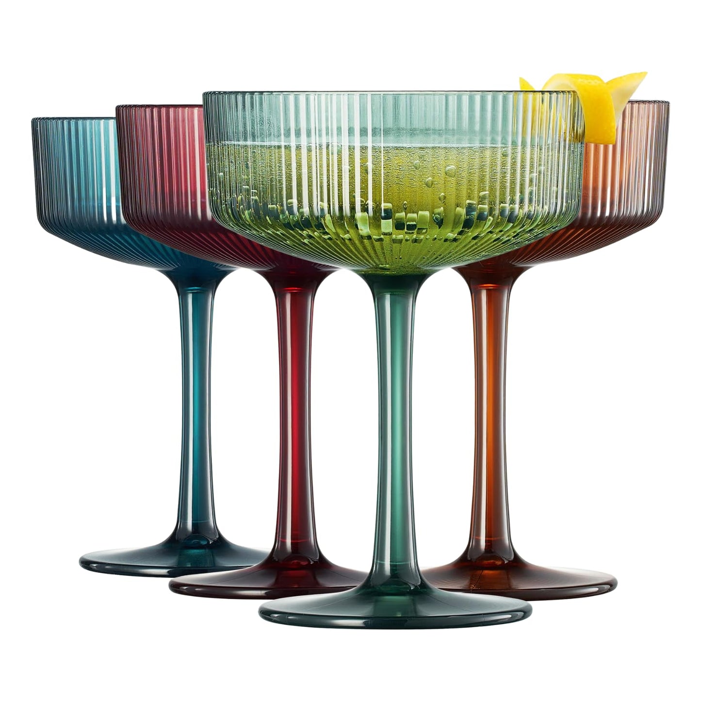 Khen Pink Peach Acrylic Ribbed Coupe Martini Champagne Cocktail Glasses, Set of 4, 8 oz Shatterproof Ripple Stemware European Style Reusable Drinkware Goblets, Indoor Outdoor Parties Weddings Bar Gift BST220
