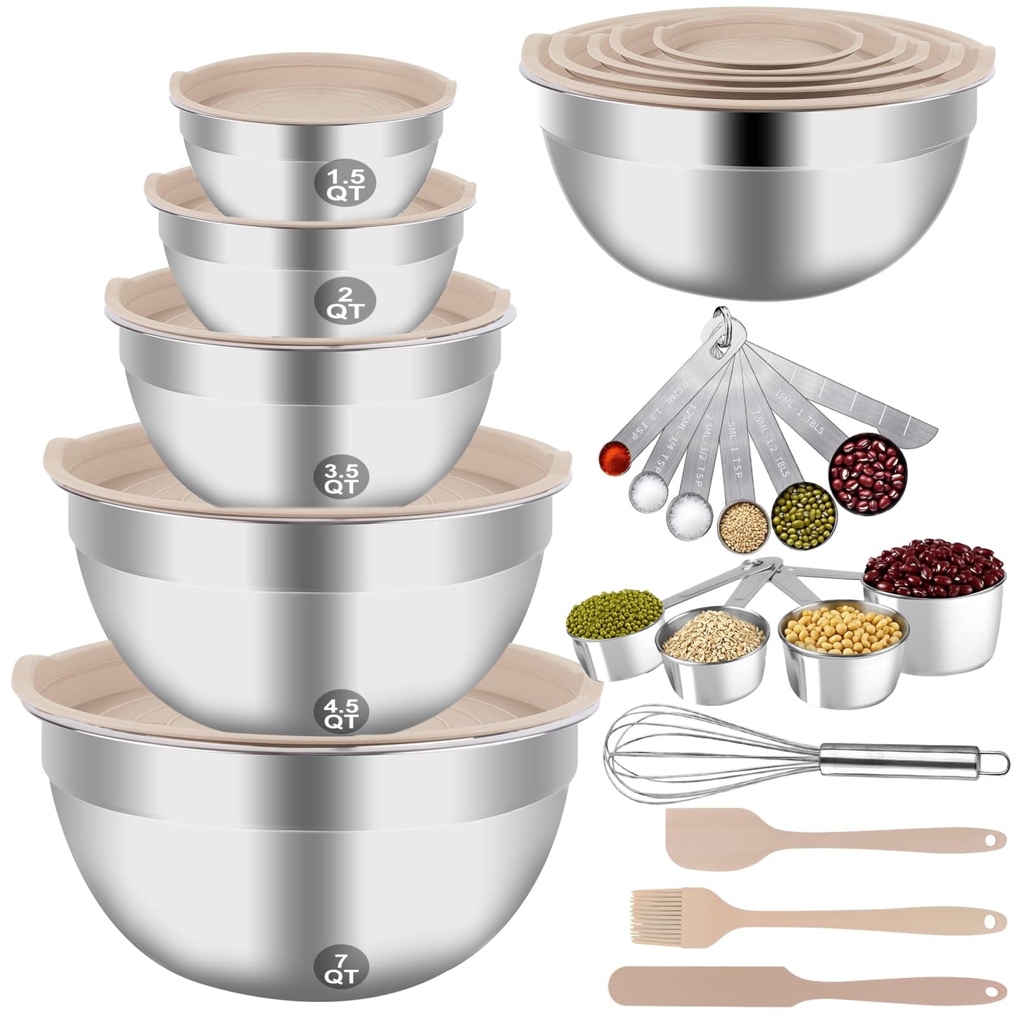 WEPSEN Mixing Bowls Set, 25PCS Stainless Steel Mixing Bowl with Lid Set, Large Nesting Bowls 7, 4.5, 3,2, 1.5QT, Measuring Cups and Spoons Baking Utensils Metal Bowl for Kitchen Prep BST220