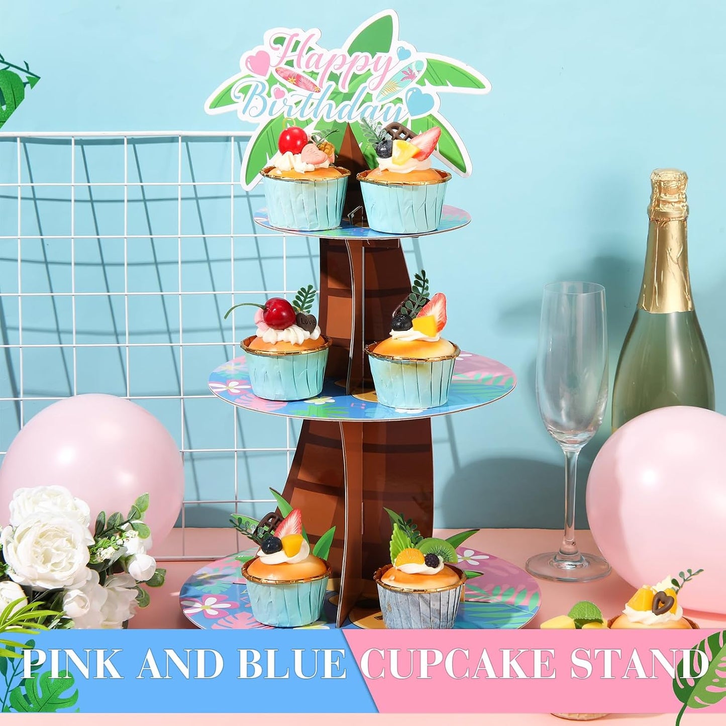 Leinuosen Hawaii Cupcake Stand Decorations 3 Tier Pink Blue Cartoon Cake Stand Happy Birthday Party Decor Cartoon Tropical Luau Birthday Decoration Cute Party Supplies for Wall Hanging Baby Shower BST202