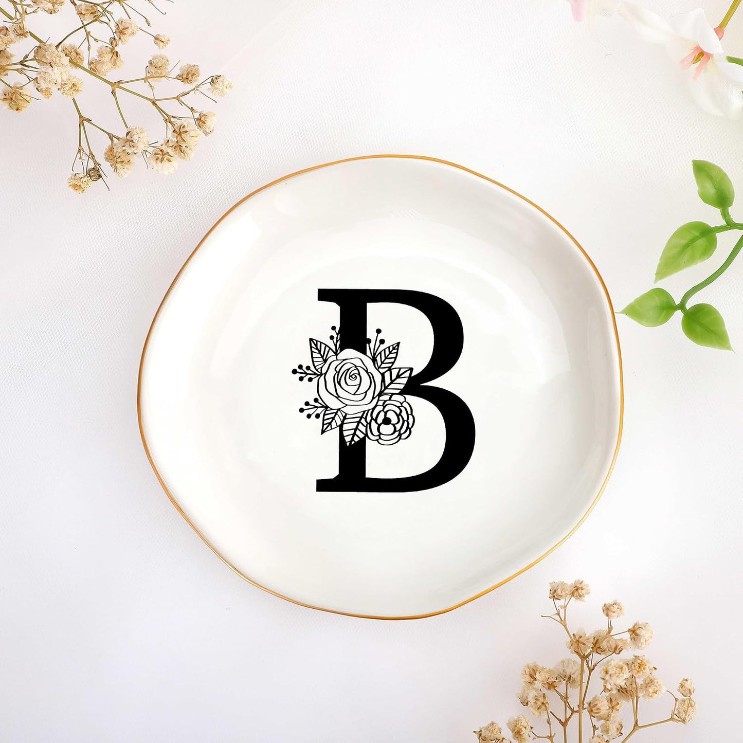 JoycuFF Initial B Ceramic Jewelry Tray, Bridesmaid Bride Gifts, Mothers Day Christmas Anniversary Engagement Birthday Gifts for Women Couples, Trinket Dish for Rings Earrings Necklaces Bracelets Keys BST202