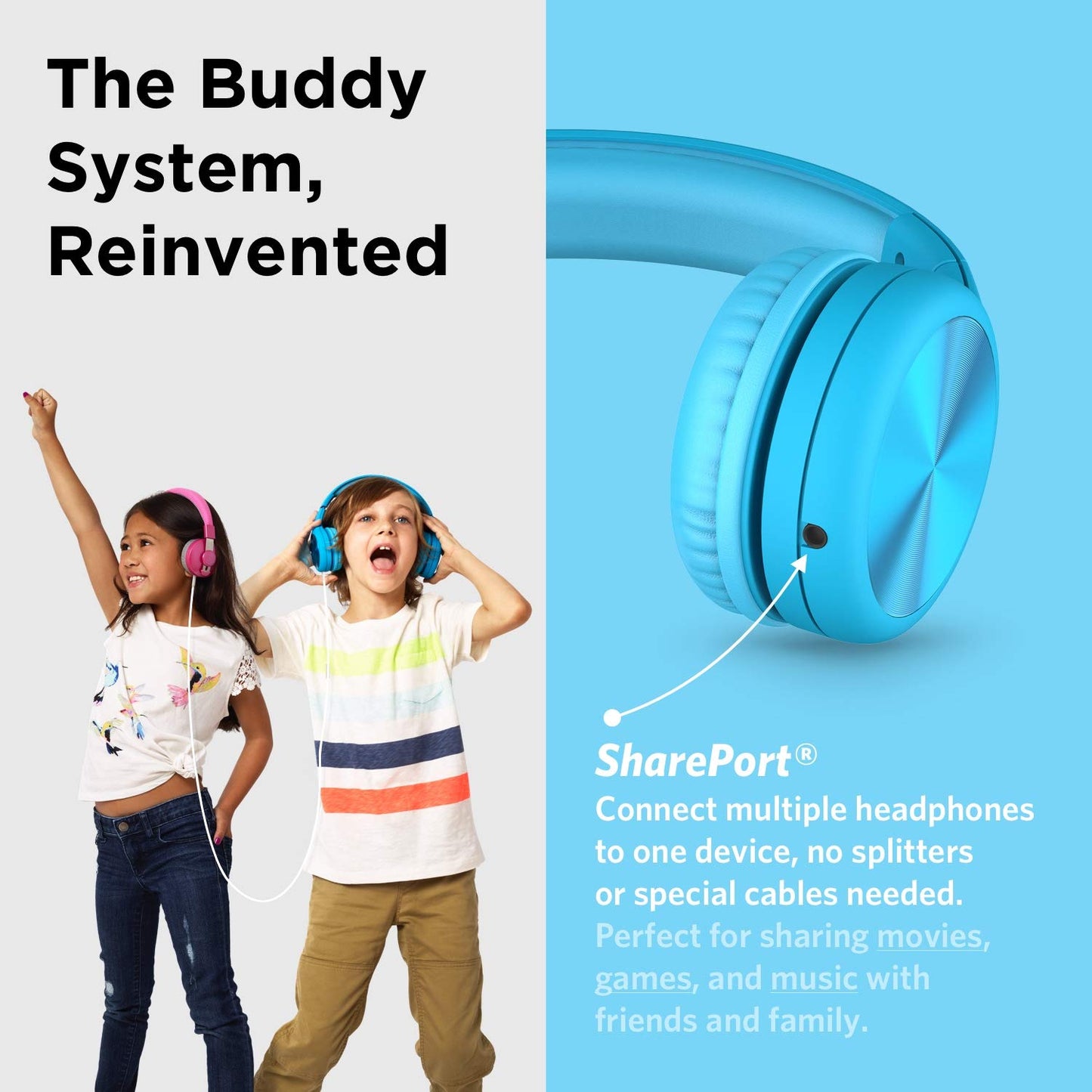 LilGadgets Connect+ Pro Wired Kids Headphones for School with Microphone, Volume Limiting Over-Ear Headset with Cord, SharePort Technology & SoftTouch Padding, Blue