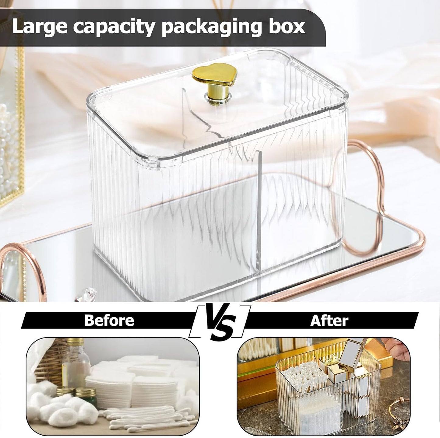 Qtips Holder Bathroom Container, 3-Section Cotton Buds Ball Dispenser, Clear Bathroom Organizer Jar, Cosmetics Storage for Vanity BST326L