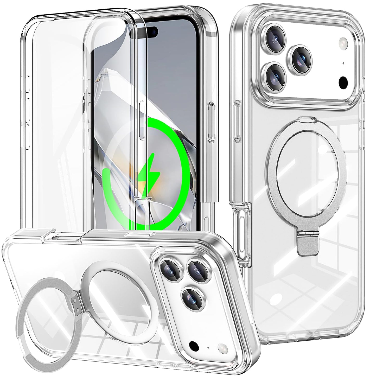 for iPhone 13 Pro Full Body Shockproof Case with Magnetic Invisible Stand [Compatible with MagSafe] Built-in Screen Protector Military Drop ProtectionTranslucent Phone Cover -Hot Pink WN420