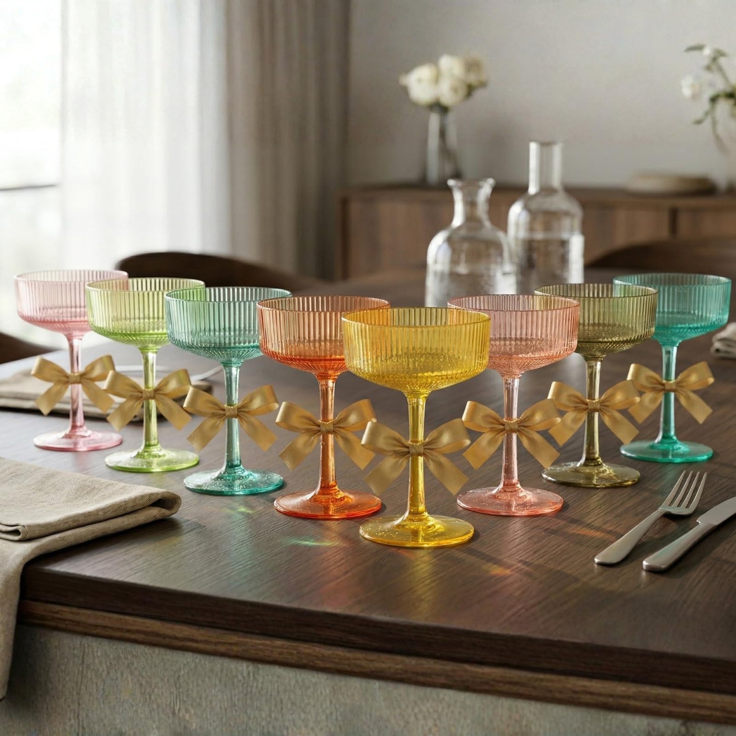 Khen Pink Peach Acrylic Ribbed Coupe Martini Champagne Cocktail Glasses, Set of 4, 8 oz Shatterproof Ripple Stemware European Style Reusable Drinkware Goblets, Indoor Outdoor Parties Weddings Bar Gift BST220
