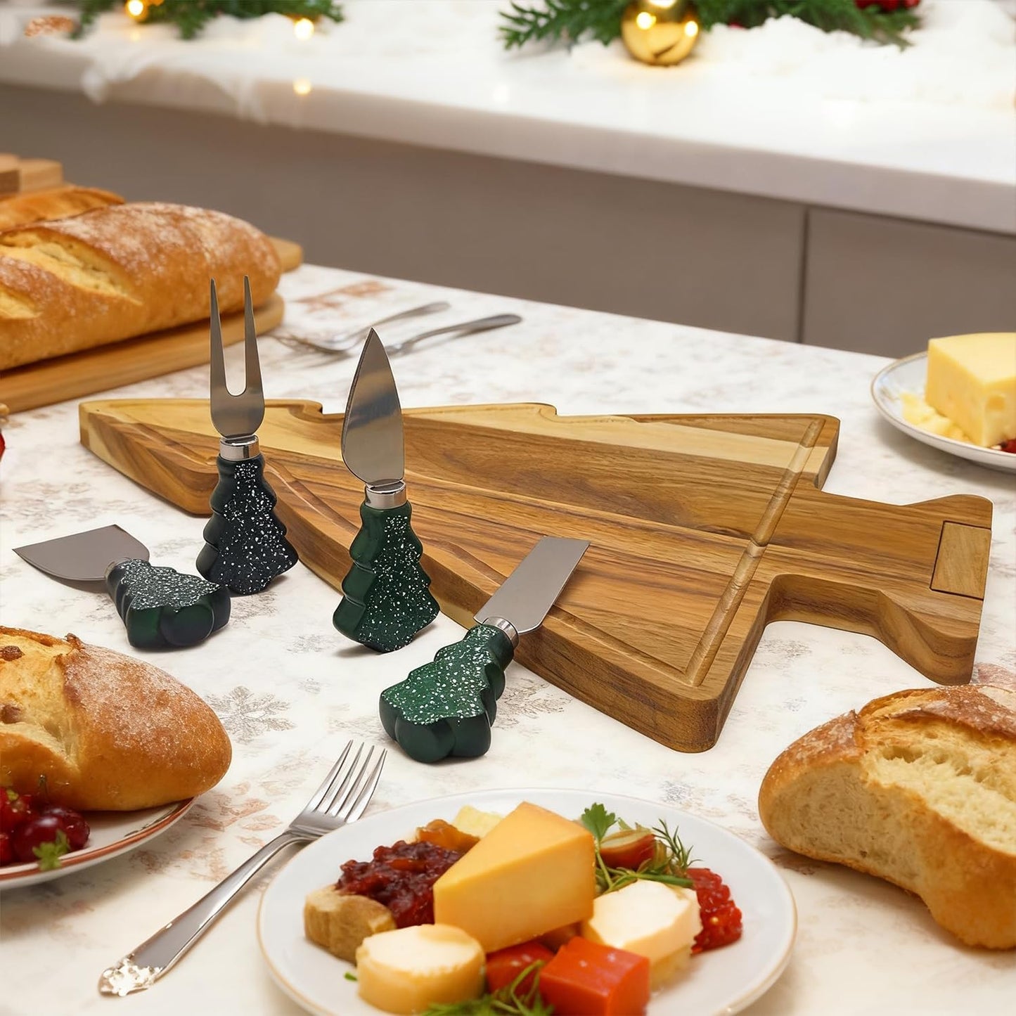 17.3'' Xmas Tree Charcuterie Board Set – Dual-Side Acacia Wood Serving Tray & Cutting Board with 4 Magnetic Knives, Rotating Base – Festive Cheese Platter for Christmas Snacks, Hostess Gift WN420