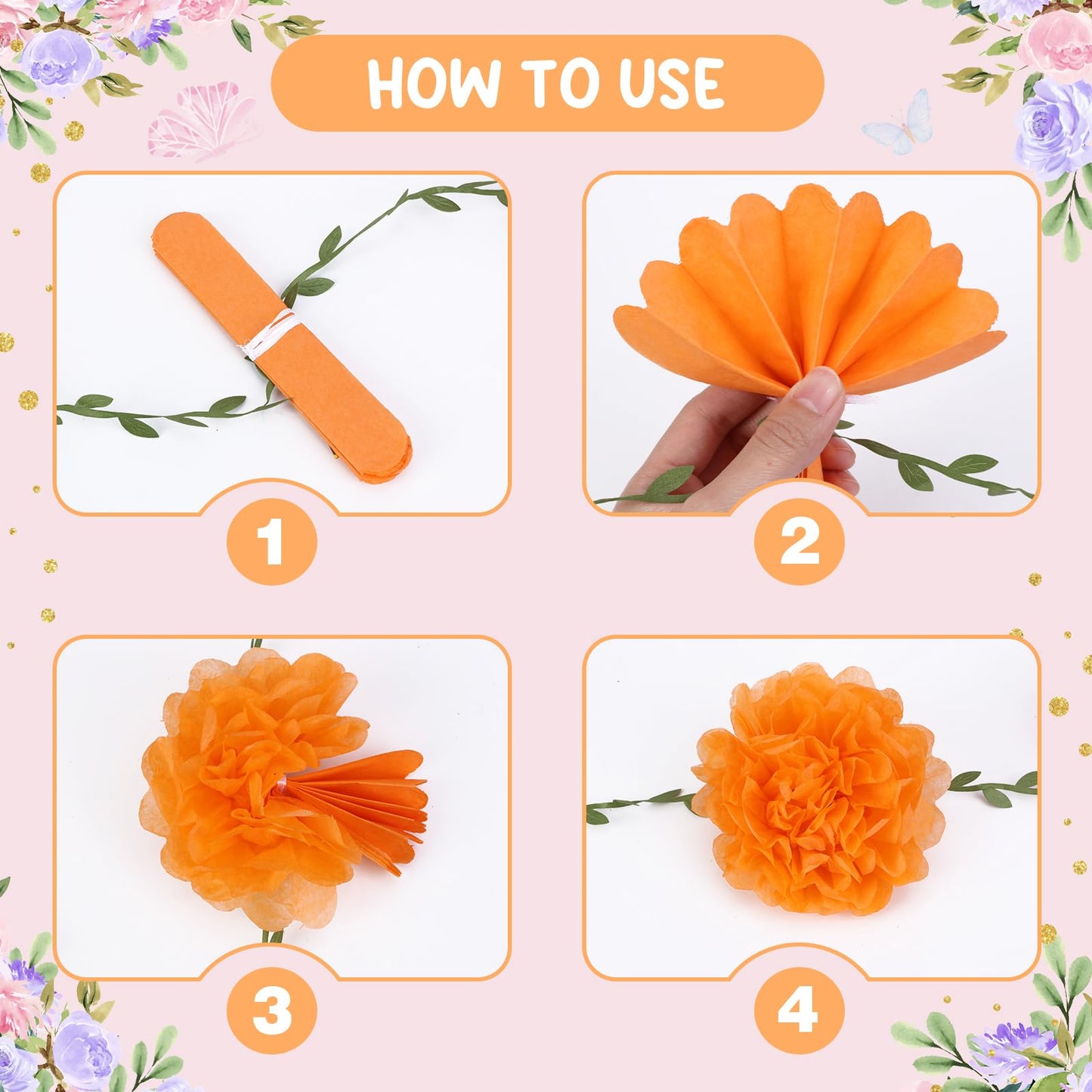 kreat4joy 4pack Pink Purple Tissue Paper Pom Poms Flowers Garland Leaf Ribbon 98.42inches Pre-Strung Reusable Ceiling for Birthday Baby Shower Wedding Bridal Shower Home Event Wall Party Decoration BST220