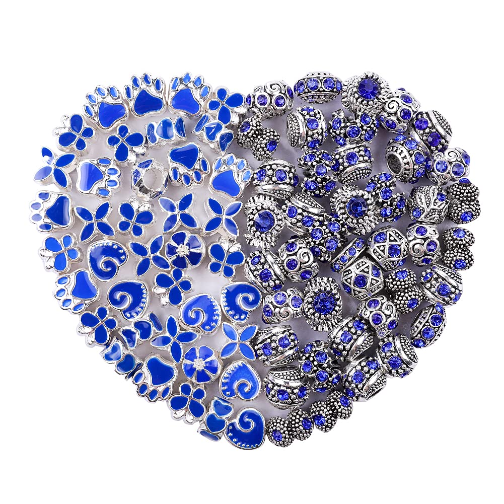 60 Pieces Assorted European Beads with Plating Silver Metal Alloy Rhinestone Large Hole Spacer Beads for DIY Charm Bracelet Jewelry Making (Blue) BST220