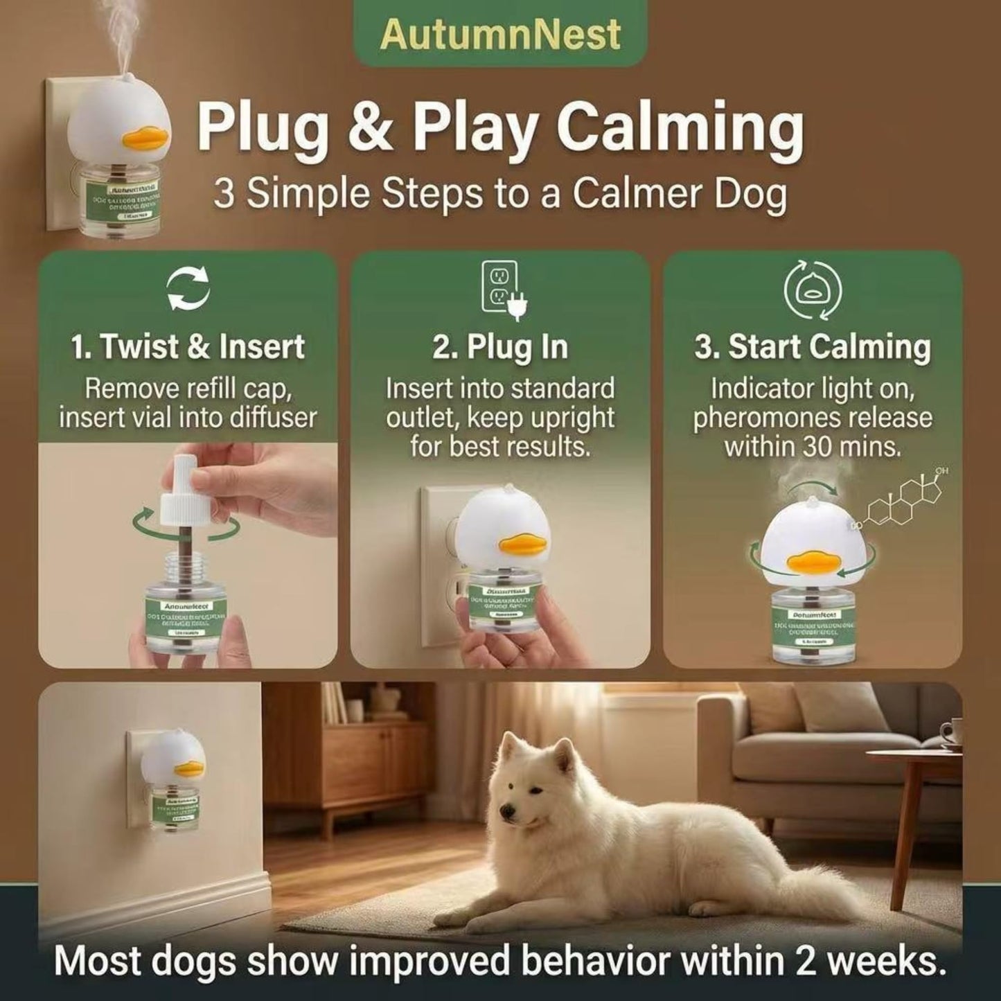 8-in-1 Dog Calming Pheromone Diffuser Kit – Pet Stress Support (2 Plug-Ins & 6x48ml Refills), Calming Diffuser for Dog During Thunderstorms, Travel, Separation, Fireworks & Vet Visits, 180-Day Supply WN420