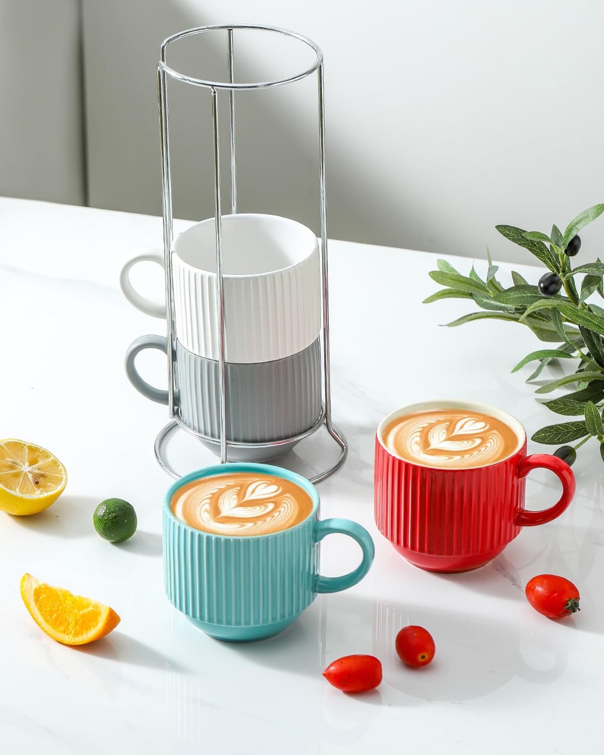 HASENSE 15 oz Ribbed Stackable Coffee Mug Set of 4, Porcelain Latte Cups with Metal Rack, Dishwasher & Microwave Safe, Cappuccino Tea Hot Cocoa, White BST220