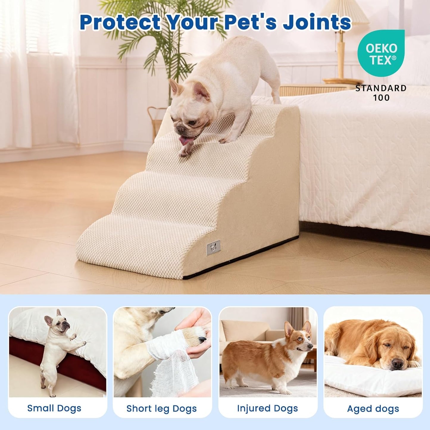 Airpanda Dog Steps for Bed, 4 Step Pet Stairs for Small and Medium Dogs, Non-Slip Dog Ramp with Washable Cover, High-Density Support Foam for Easy Climbing,Beige