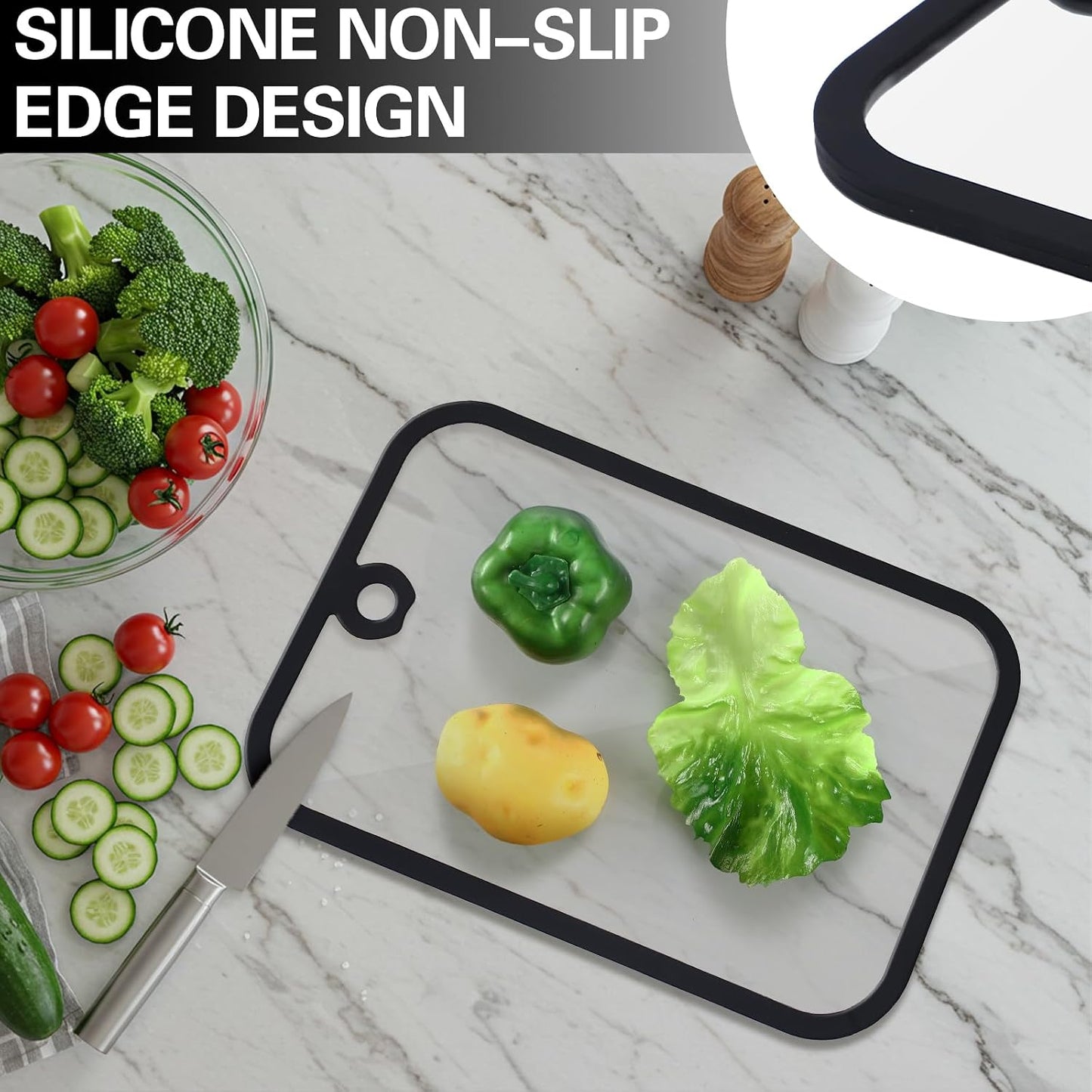 2 Pcs Tempered Glass Cutting Board Set 0.31inch Thick Tempered Glass Black Silicone Edged Chopping Boards with Hanging Holes for Kitchen Countertop & Serving, Dishwasher Safe BST326H