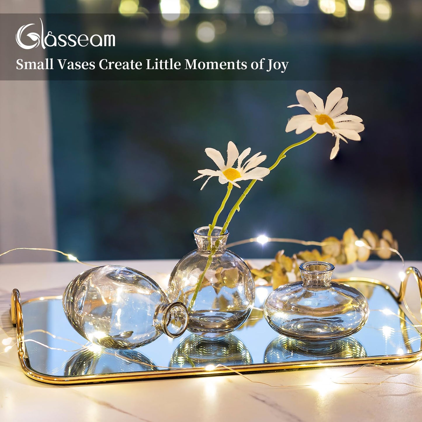 Glasseam Clear Glass Bud Vase, 3Pcs/Set Modern Decorative Small Mini Flowers Vases Short Minimalist Aesthetic Home Decor Vintage Cute Handmade Tiny Wedding Table Centerpieces for Single Flower Rose BST326H