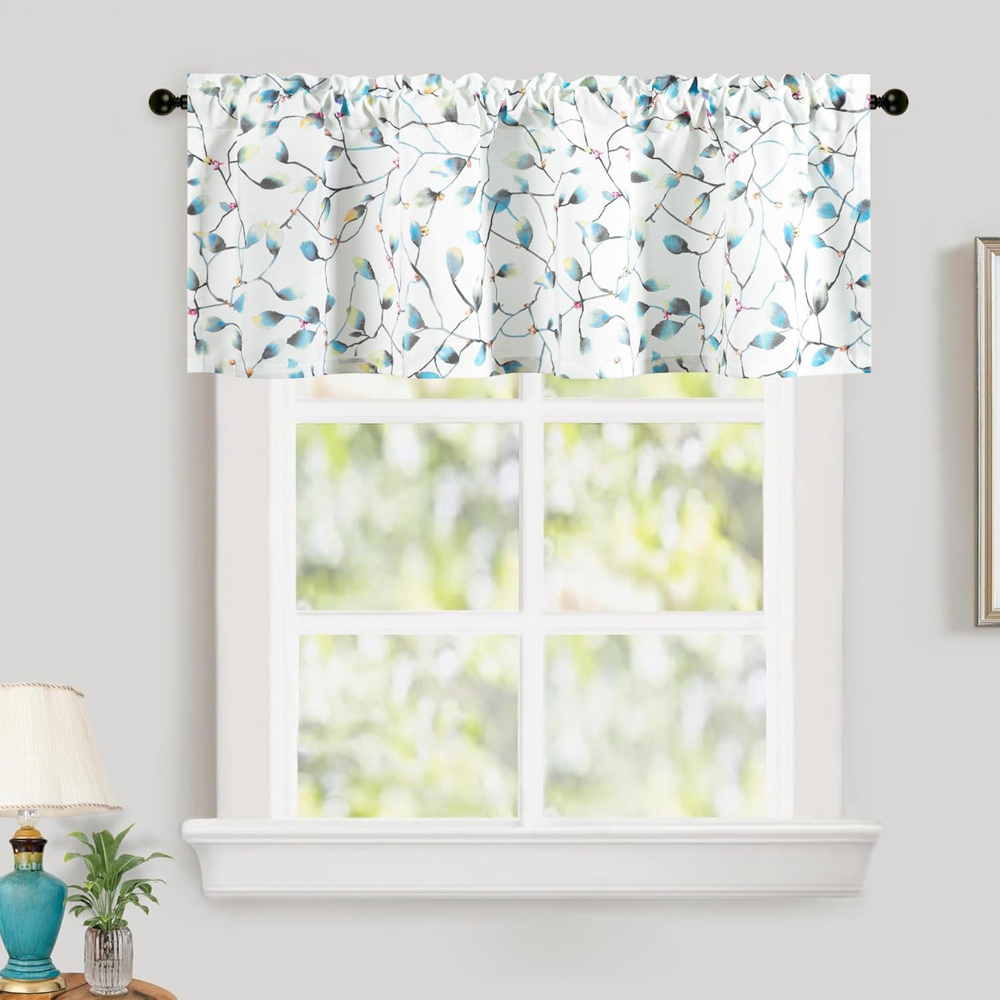 Leeva Farmhouse Kitchen Valances for Windows, Watercolor Blossoming Floral Print Curtains, Soft Faux Linen Curtain Toppers and Valances for Bedroom, 60 x 14 Inch, Brown & Grey, 1 Panel BST220