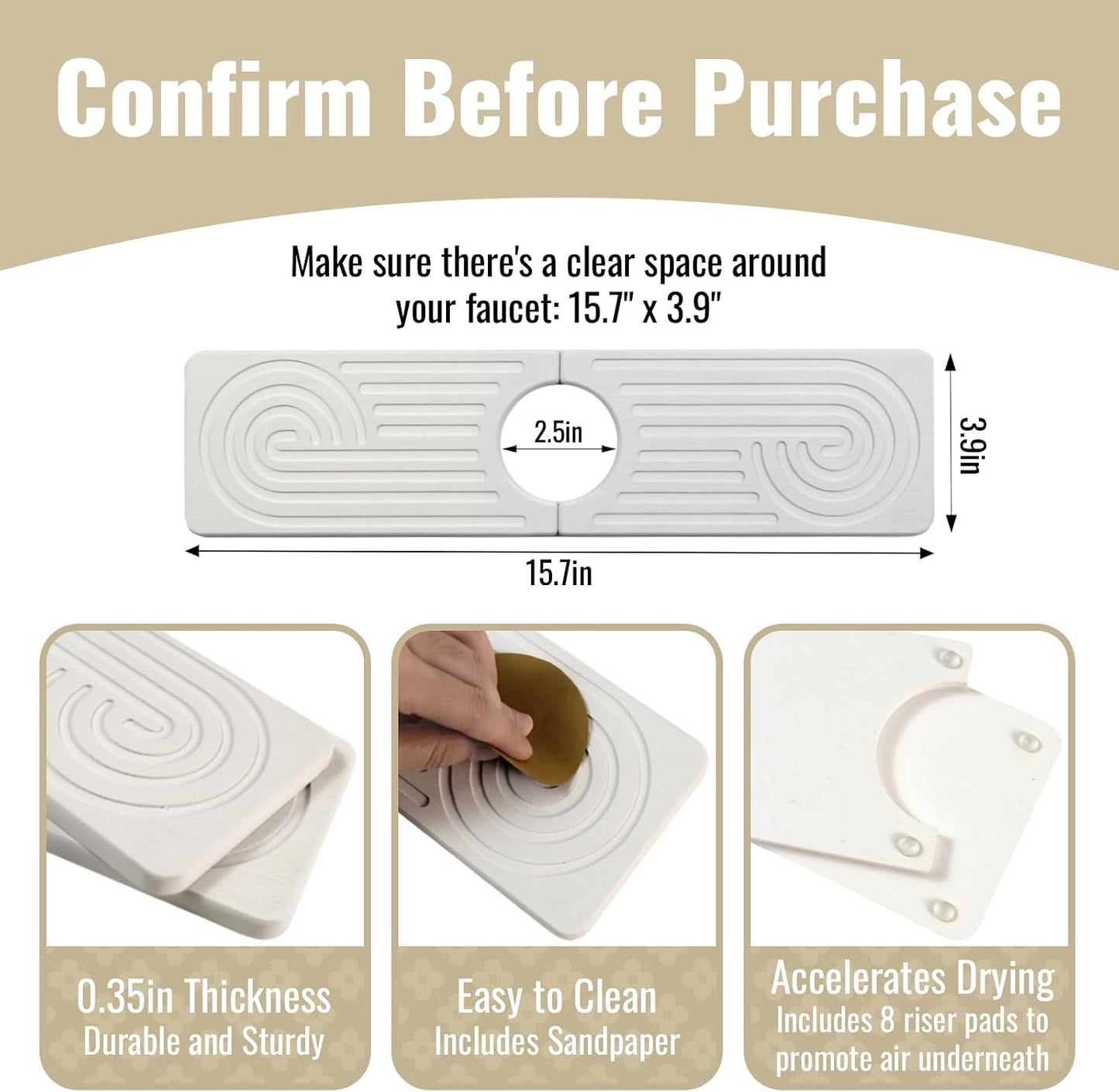 Hopegiver Stone Faucet Mat for Kitchen Sink - Fast Drying Diatomite Sink Protector Prevent Moisture, Super Water Absorbing Stone Tray for Kitchen & Bathroom Counter (White, 15.7"x3.9") BST326H