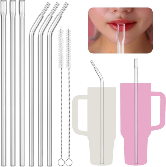 NiHome 6PCS Reusable Anti-Wrinkle Glass Straws Fit for Stanley 30 40oz Cups | 12" Long Flat Tip Wrinkle Free Straws, No Wrinkle Glass Drinking Straws 3 Straight & 3 Bent Set, Dishwasher Safe (Clear) BST326H
