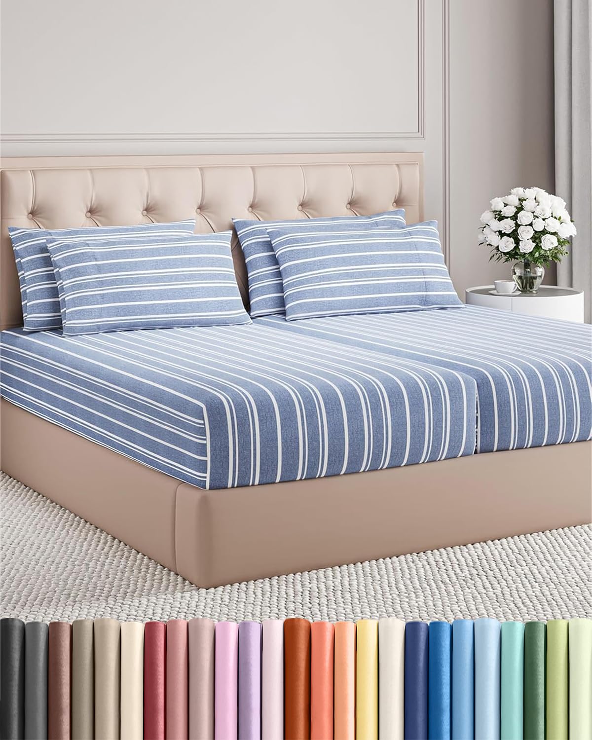 Split King 7 Piece Sheet Set - Comfy Breathable & Cooling - Soft Hotel Luxury Bedding Set with 8-16 Inch Deep Pockets - 1 Flat & 2 Fitted Sheet & 4 Pillowcases - Wrinkle Free & Easy Care - Steel Blue DD1210