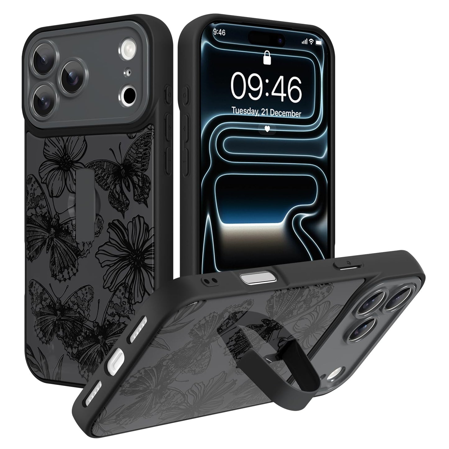 Compatible with iPhone 13 Case, Cute Cheetah Leopard Pattern | Built in Adjustable Wrist Strap Grip Hand Holder Stand Shockproof Kickstand Cover for Women Girls (Black White) WN420
