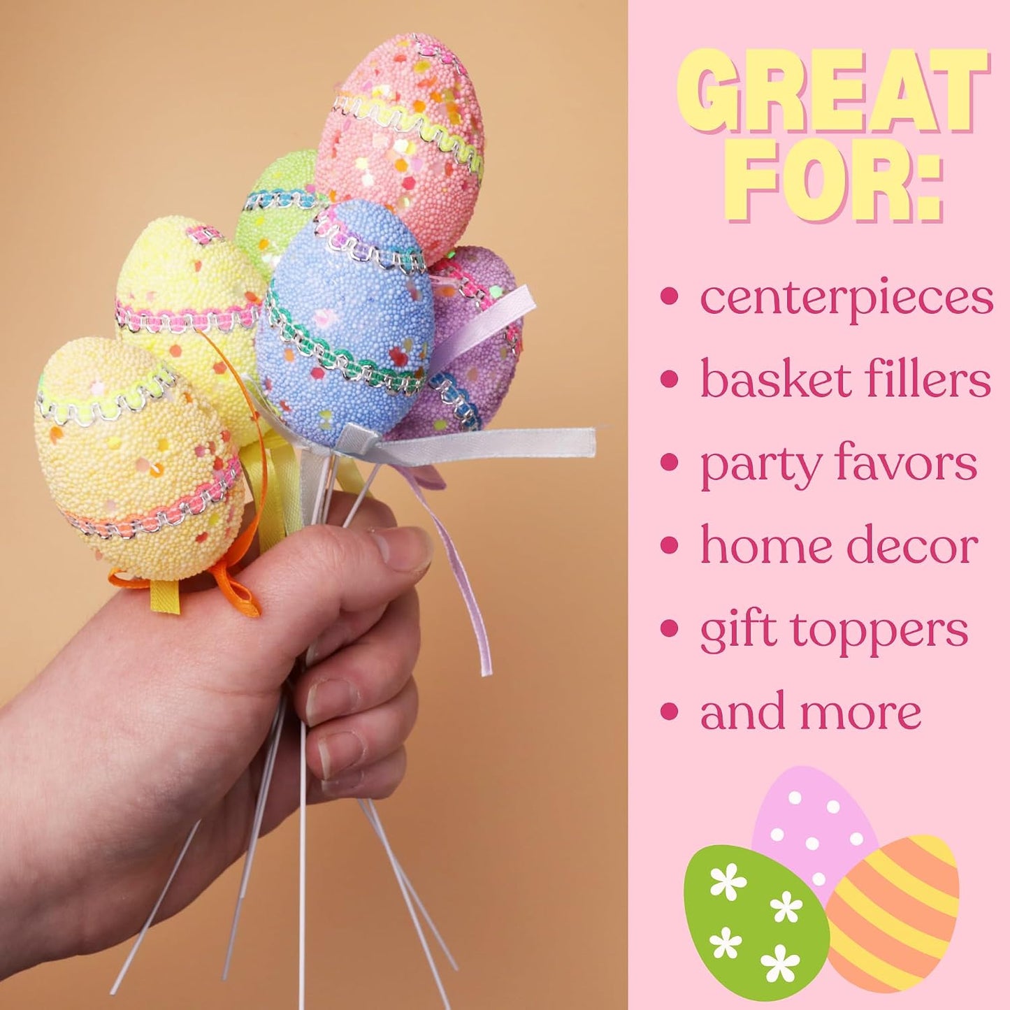 Artificial Easter Egg Bouquet, Pastel Foam Eggs with Stem, Spring Home Decor or Basket Stuffers, Pack of 12 BST220