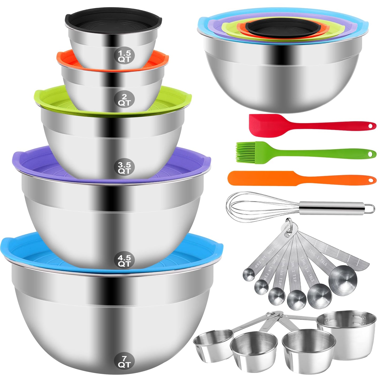 WEPSEN Mixing Bowls Set, 25PCS Stainless Steel Mixing Bowl with Lid Set, Large Nesting Bowls 7, 4.5, 3,2, 1.5QT, Measuring Cups and Spoons Baking Utensils Metal Bowl for Kitchen Prep BST220