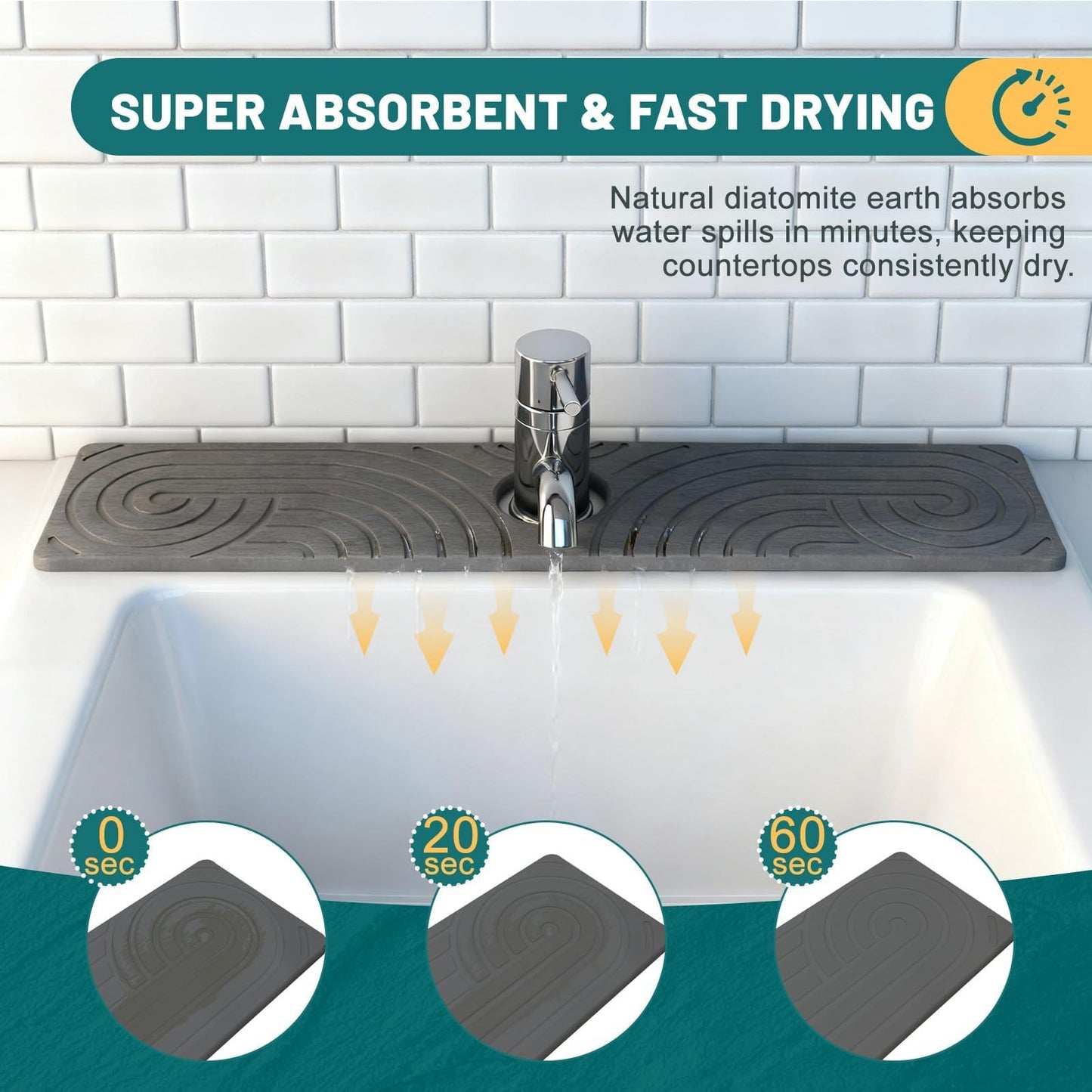 Hopegiver Stone Faucet Mat for Kitchen Sink - Fast Drying Diatomite Sink Protector Prevent Moisture, Super Water Absorbing Stone Tray for Kitchen & Bathroom Counter (White, 15.7"x3.9") BST326H
