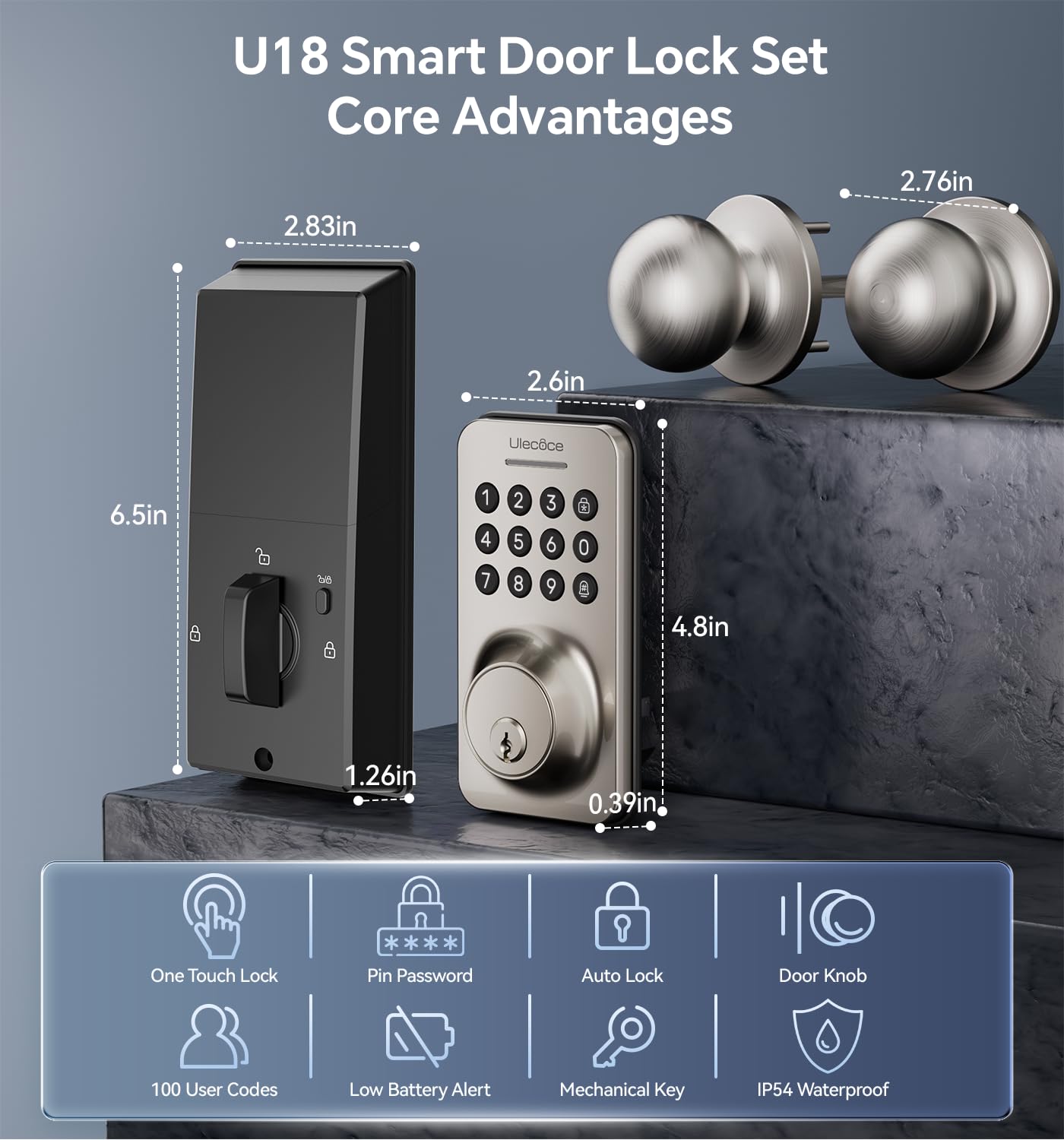 Ulecoce Keyless Entry Door Lock with Knob Set, Door Locks for Front Door with Handle Set, Auto Lock, One-Touch Lock, 100 Codes ＆ 3 Keys, Anti-Peeping Password, Easy Installation, Black