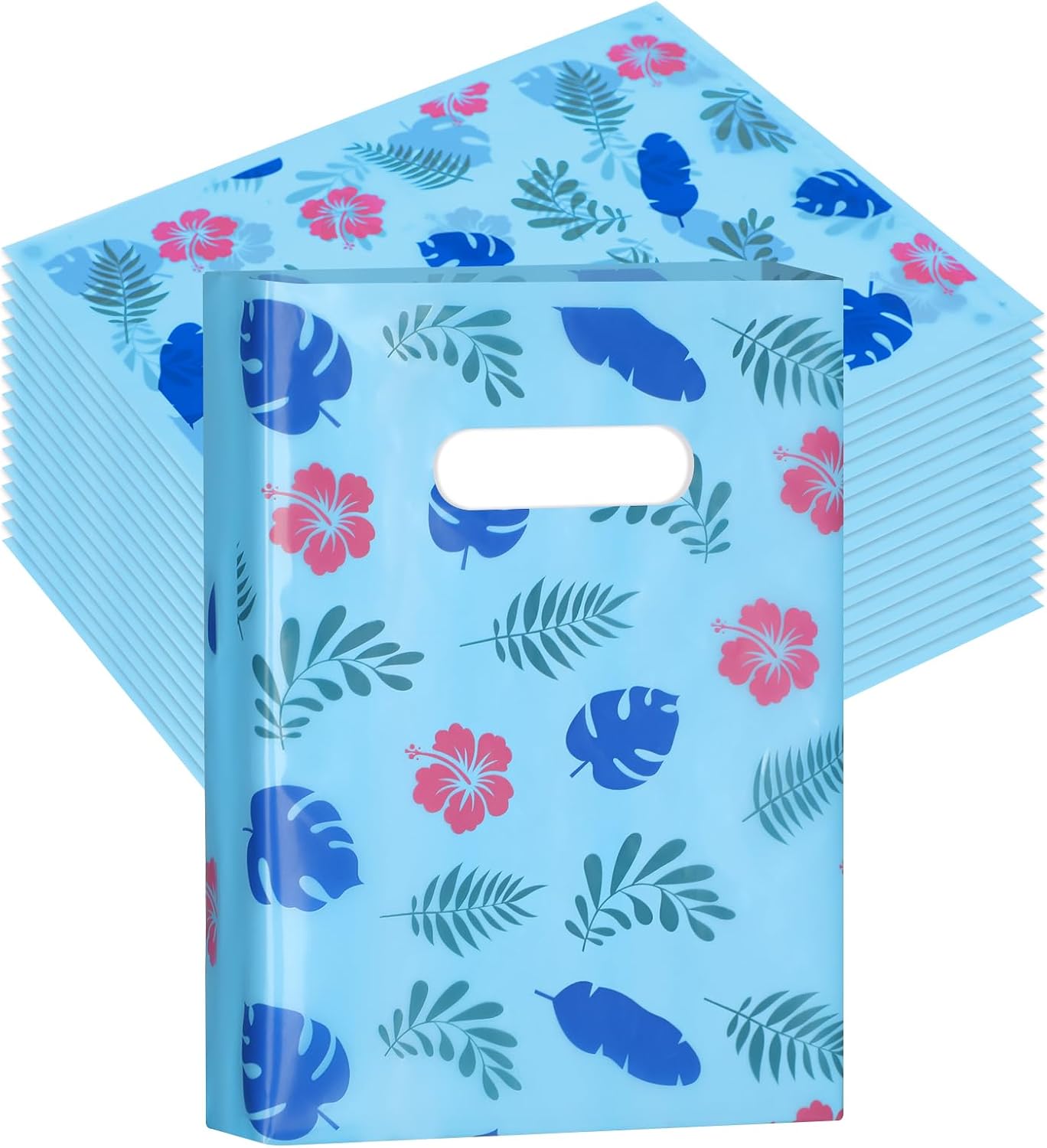 Sadnyy 100 Pcs Plastic Hawaiian Goodie Bags 8 x 10 Inch Cute Cartoon Hawaii Party Favor Bag Cartoon Theme Luau Pouches Floral Hibiscus Luau Welcome Pouches for Summer Party Favor BST220