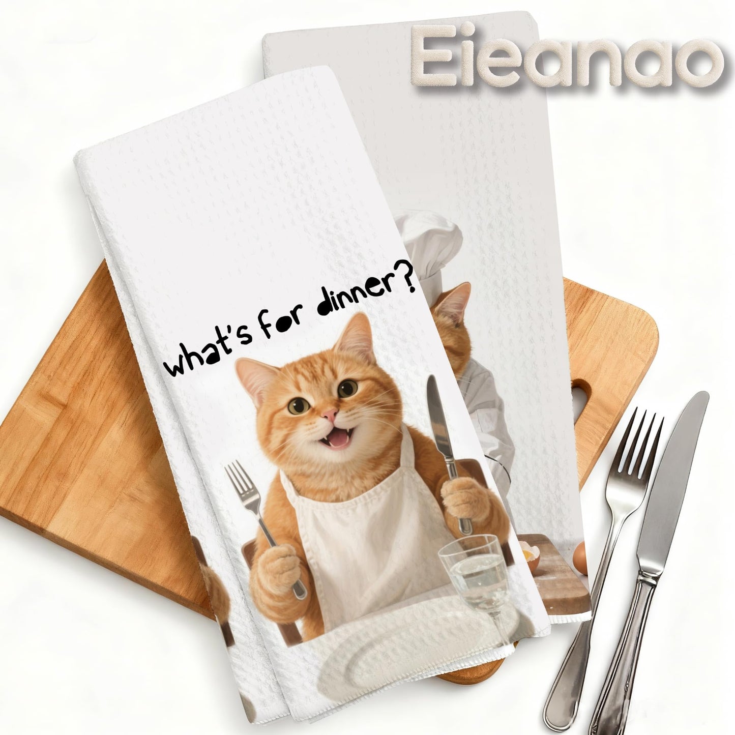Funny Cat Gifts Kitchen Towels, Cute Cat with Knife and Fork Microfiber Dish Tea Towel for Kitchen Decor, Funny Cats Cooking Decor, is It Dinner Time Yet, 16x24 Inch BST220