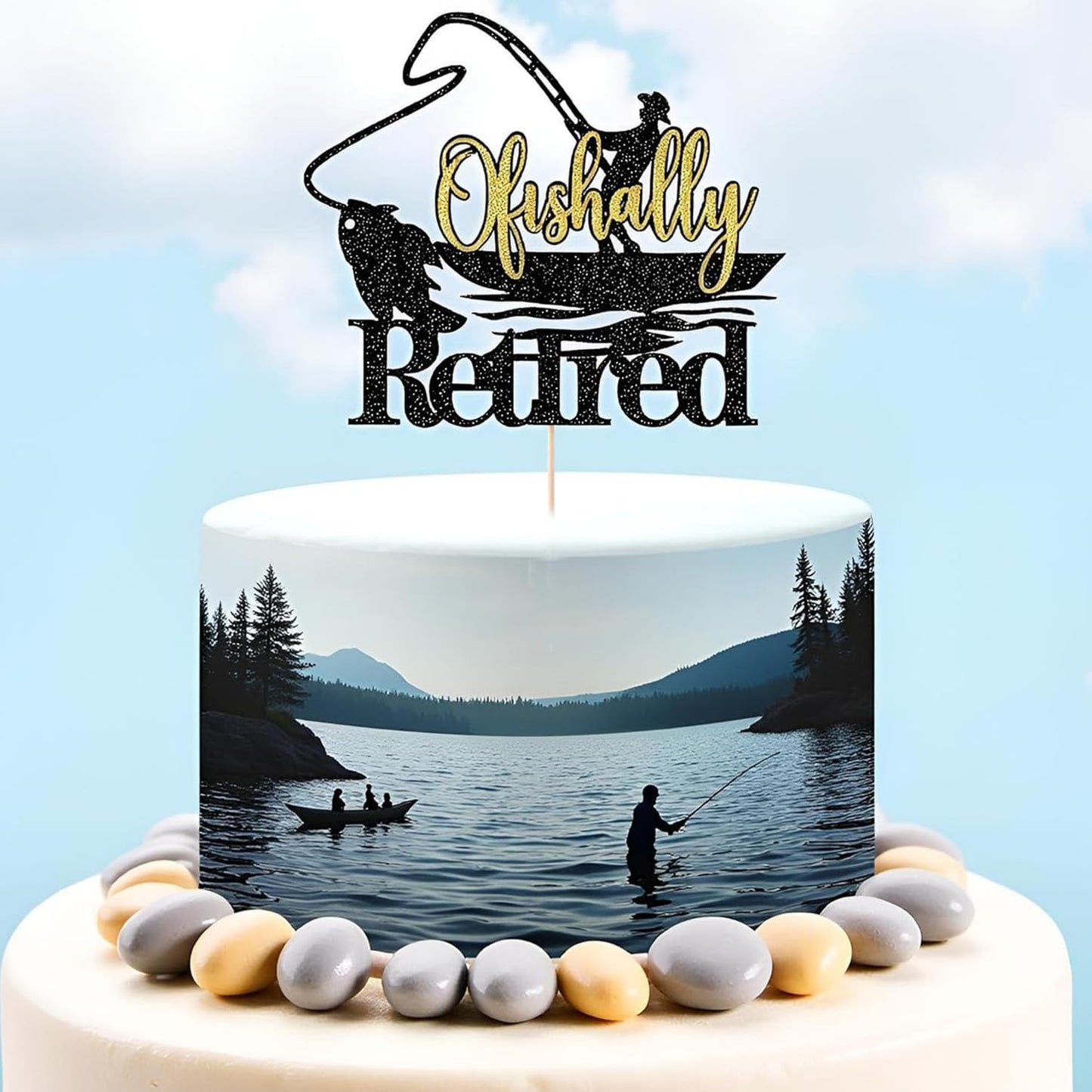 Sleyberoy ‌Officially Retired Cake Topper - Fishing Cake Topper, Gone Fishing Fisherman Themed Retirement Party Supplies WN420