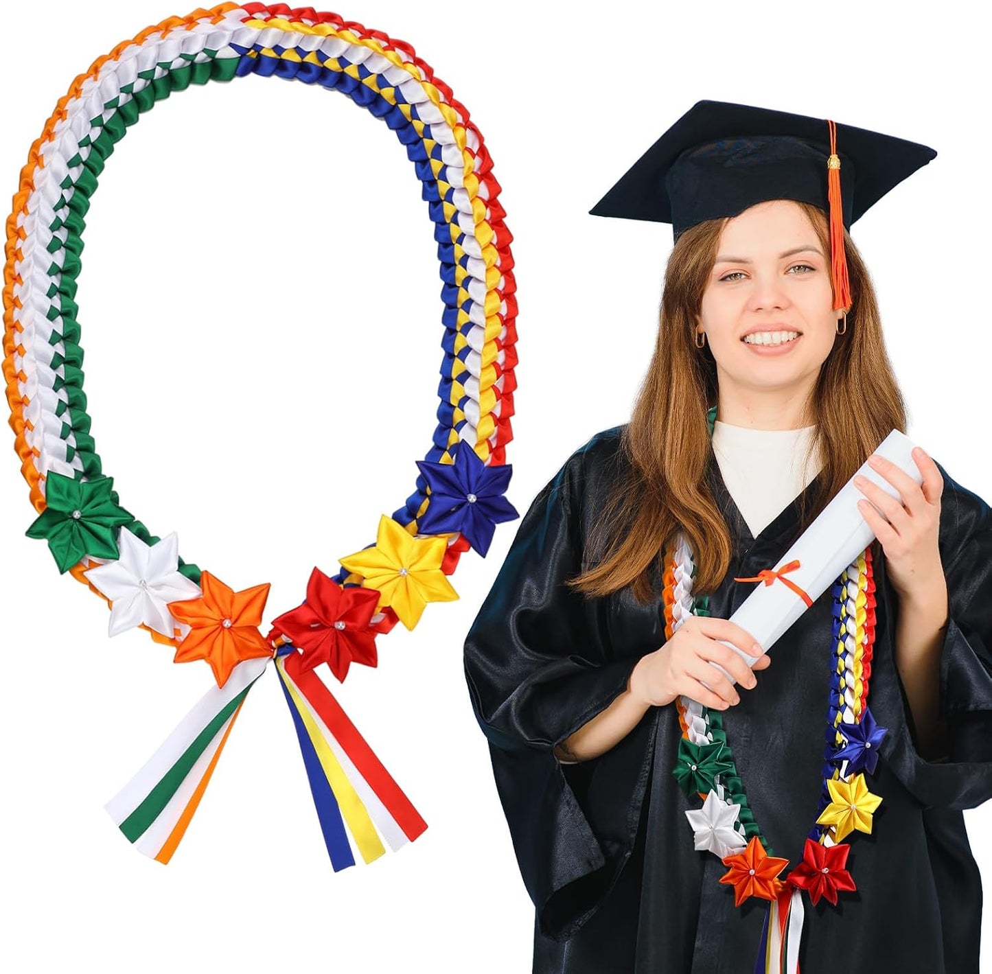 50 Inch Mexican Graduation Leis Class of 2026 Graduation Leis with 6 Satin Flowers Grad Necklace Gift for Filipino Mexico Philippines Italian Graduates BST202