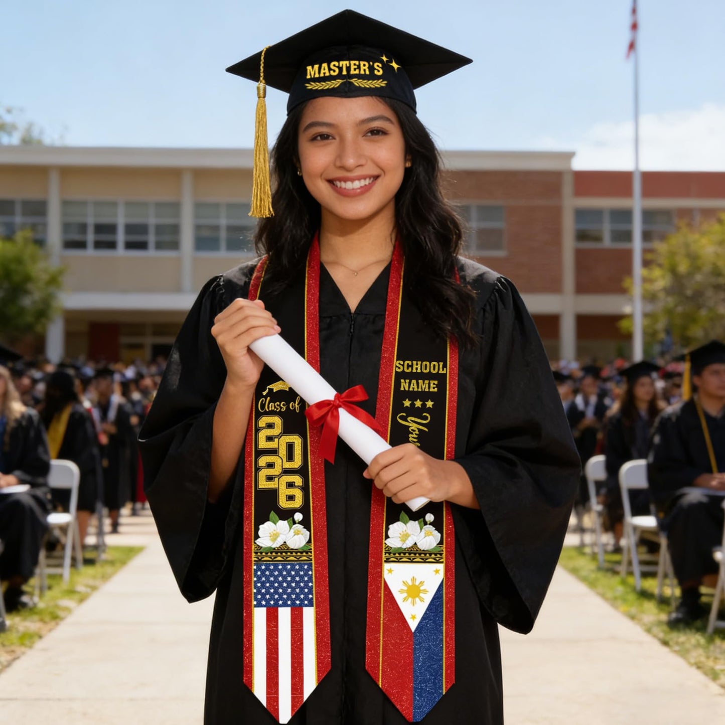 Dazoratix Filipino Graduation Stole 2026 - Philippines American Flag Sash Personalized Custom Glitter Iron on Letters Patches DIY Customize Transfer Stickers for Senior Student School Grad Decorations BST326L
