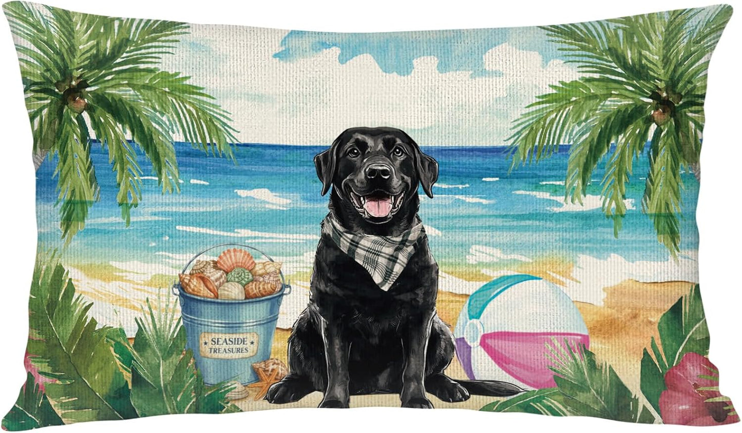 Summer Black Labrador Dog Lumbar Throw Pillow Cover 12x20 Inch Beach Coastal Cushion Case Decoration for Sofa Couch BST202
