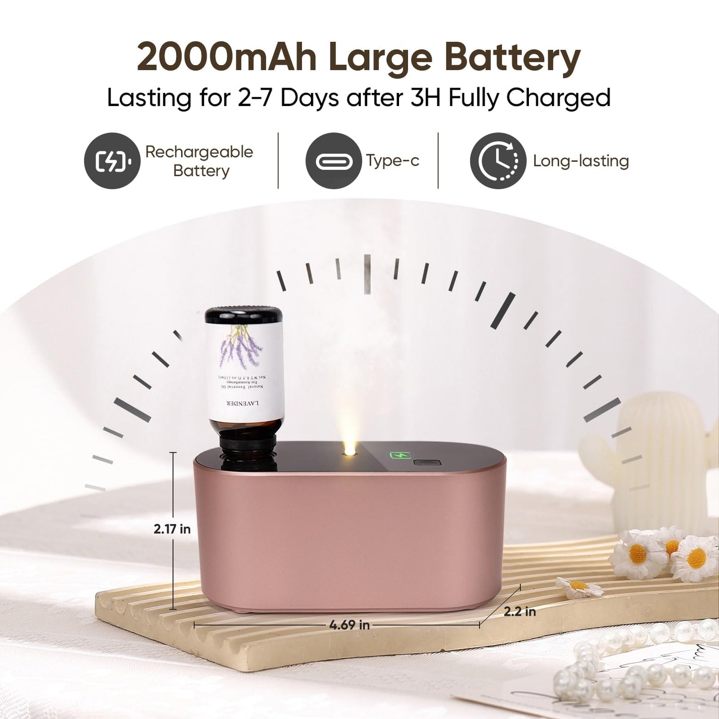 Lecdura Waterless Diffuser for Essential Oil, Battery Operated Scent Air Aromatherapy Diffuser, Mini Aroma Diffusers with 3 Intermittent Mist Modes, Cycle Start for Home Office Bedroom - Rose Gold
