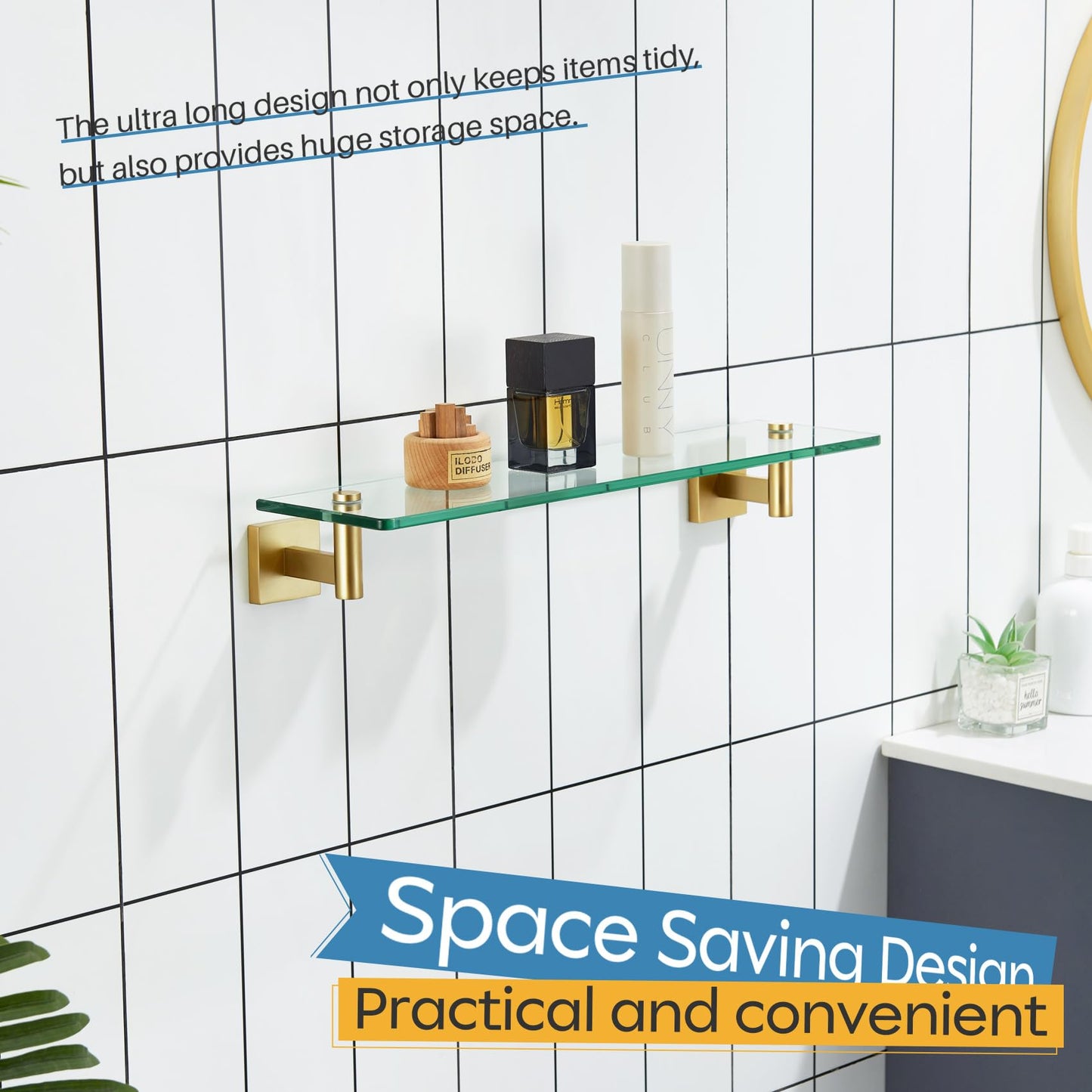 KOKOSIRI Wall Shelves Bathroom Hardware Glass Floating Shelf 12-Inch for Bedroom, Living Room, Kitchen, Hanging Rack Champagne Bronze B1105CPG-L12 BST202