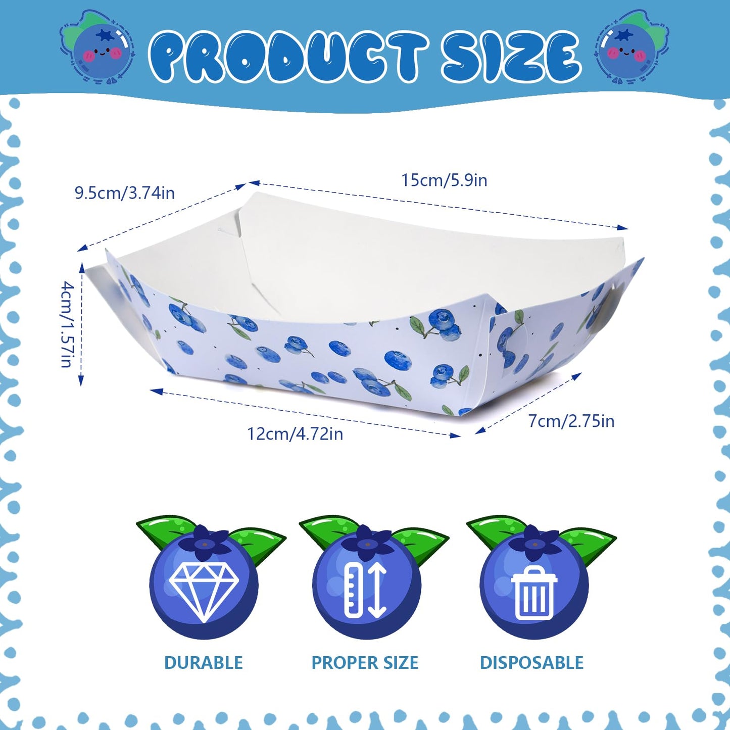 strawberry paper plates, disposable waterproof food trays, 1 lb., suitable for bulk strawberry-themed strawberry shortcake berry first birthday party supplies and gift decorations. (20, blueberry) BST220