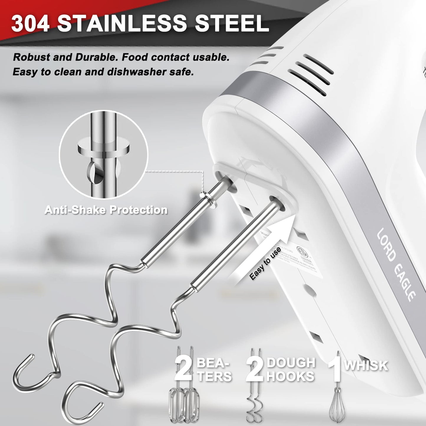 Lord Eagle Hand Mixer Electric Handheld 400W, 5-Speed Lightweight Kitchen Mixer with Storage Case, 5 Stainless Steel Attachments for Baking Cake Egg Cream Food Beater, Turbo+Eject Button, Pink